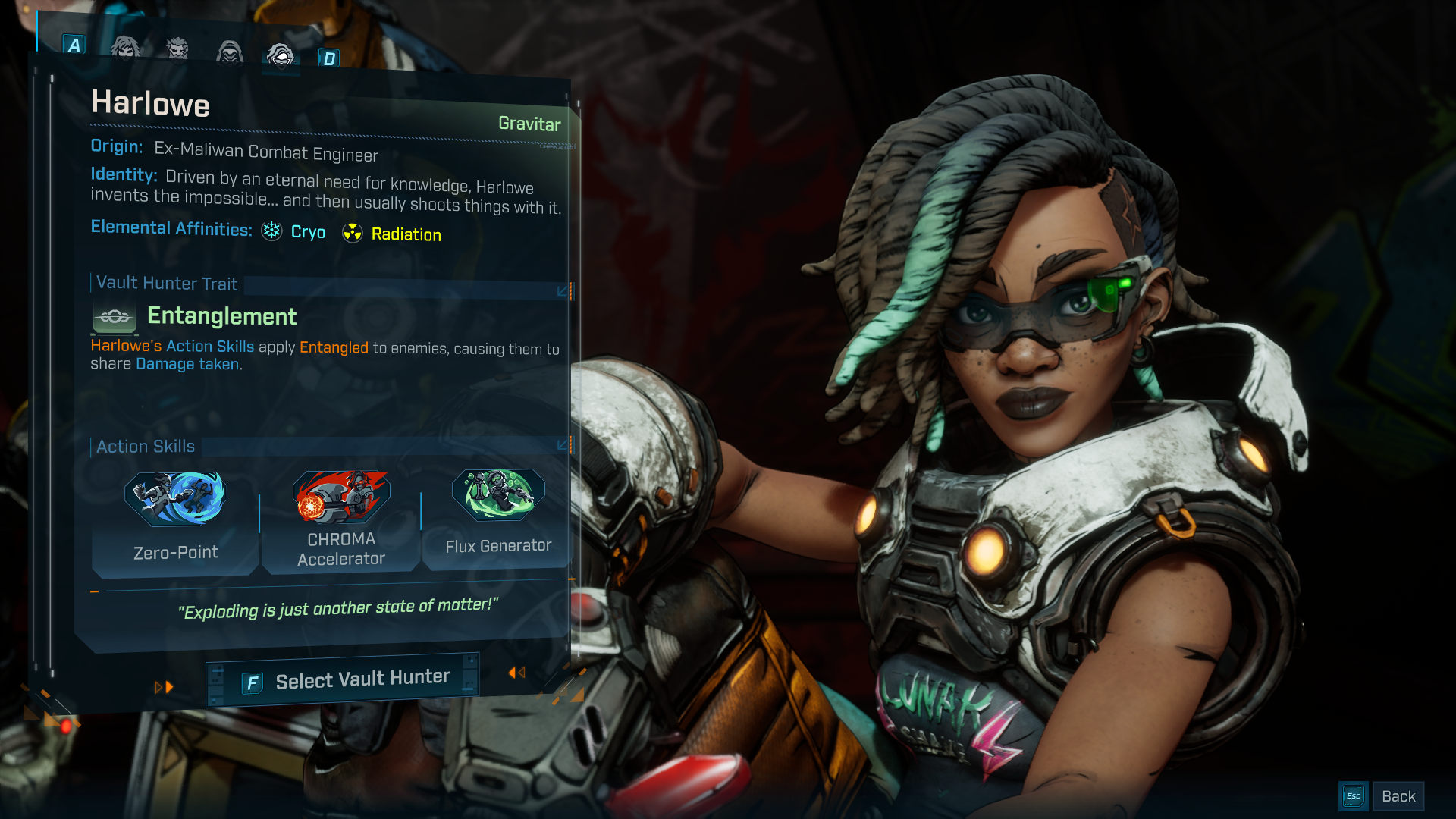 Harlowe lounges on a box on the character select screen in Borderlands 4