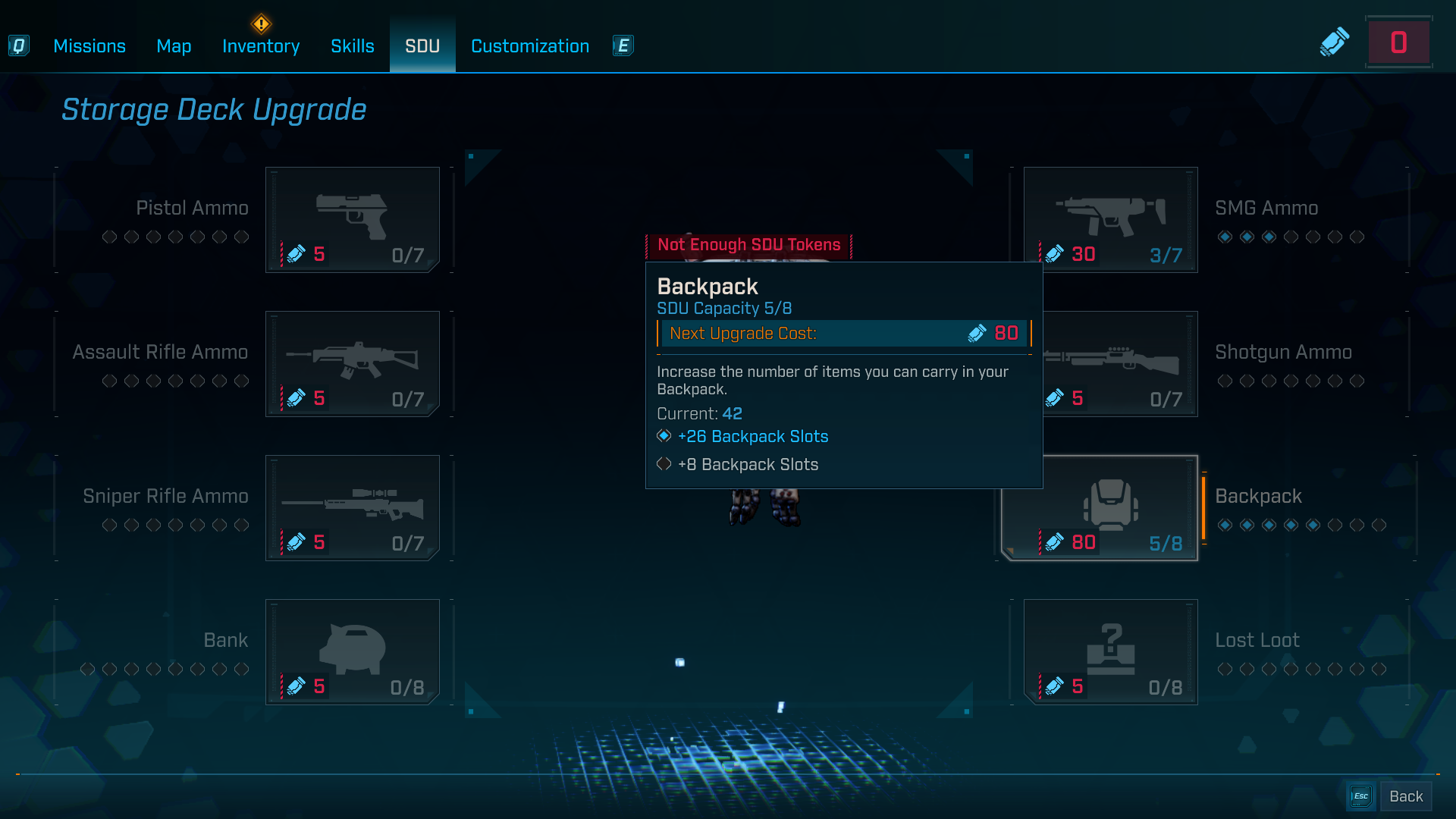 A player inspects the backpack SDU in Borderlands 4
