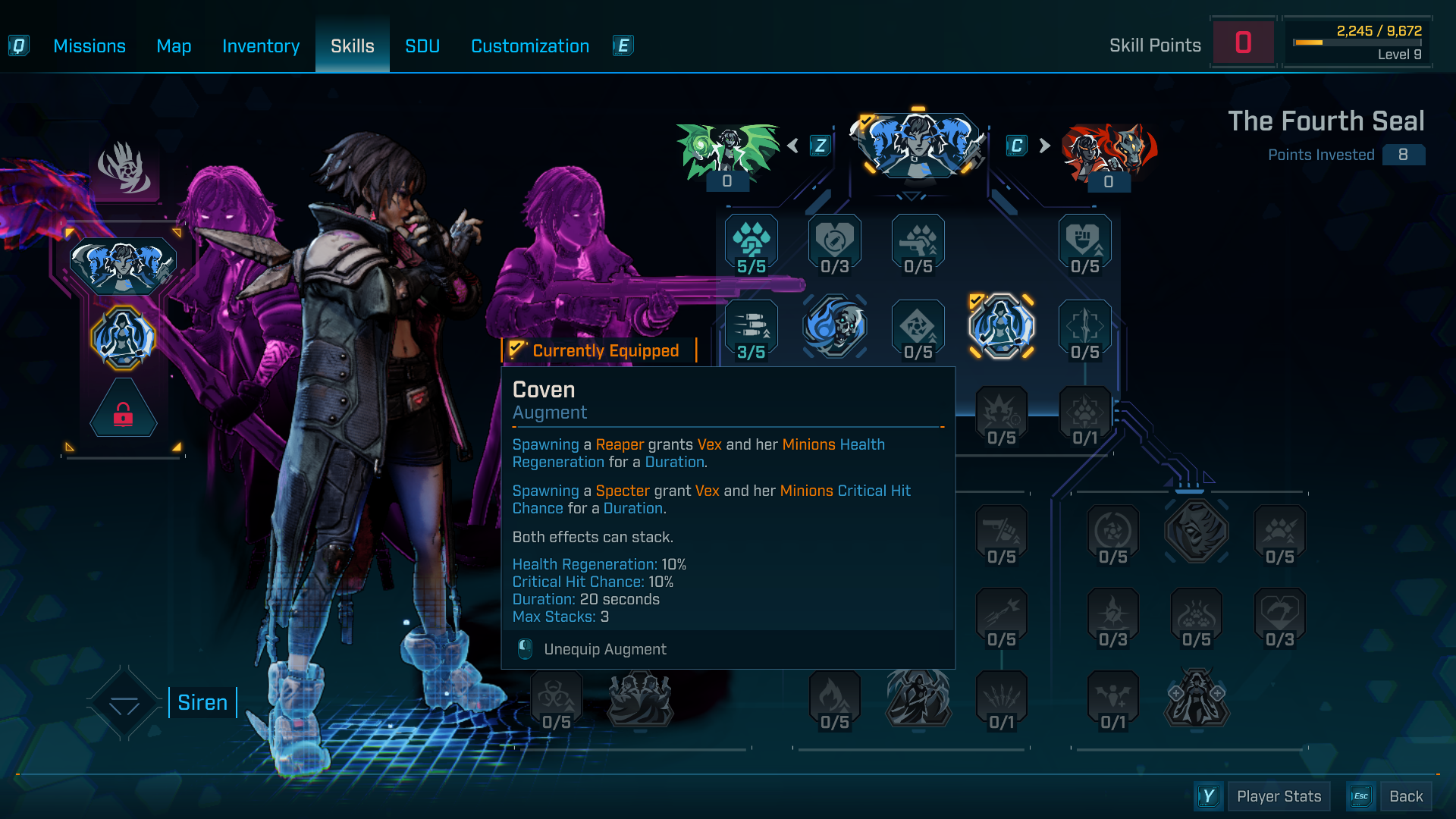 A player inspects Vex's skill tree in Borderlands 4