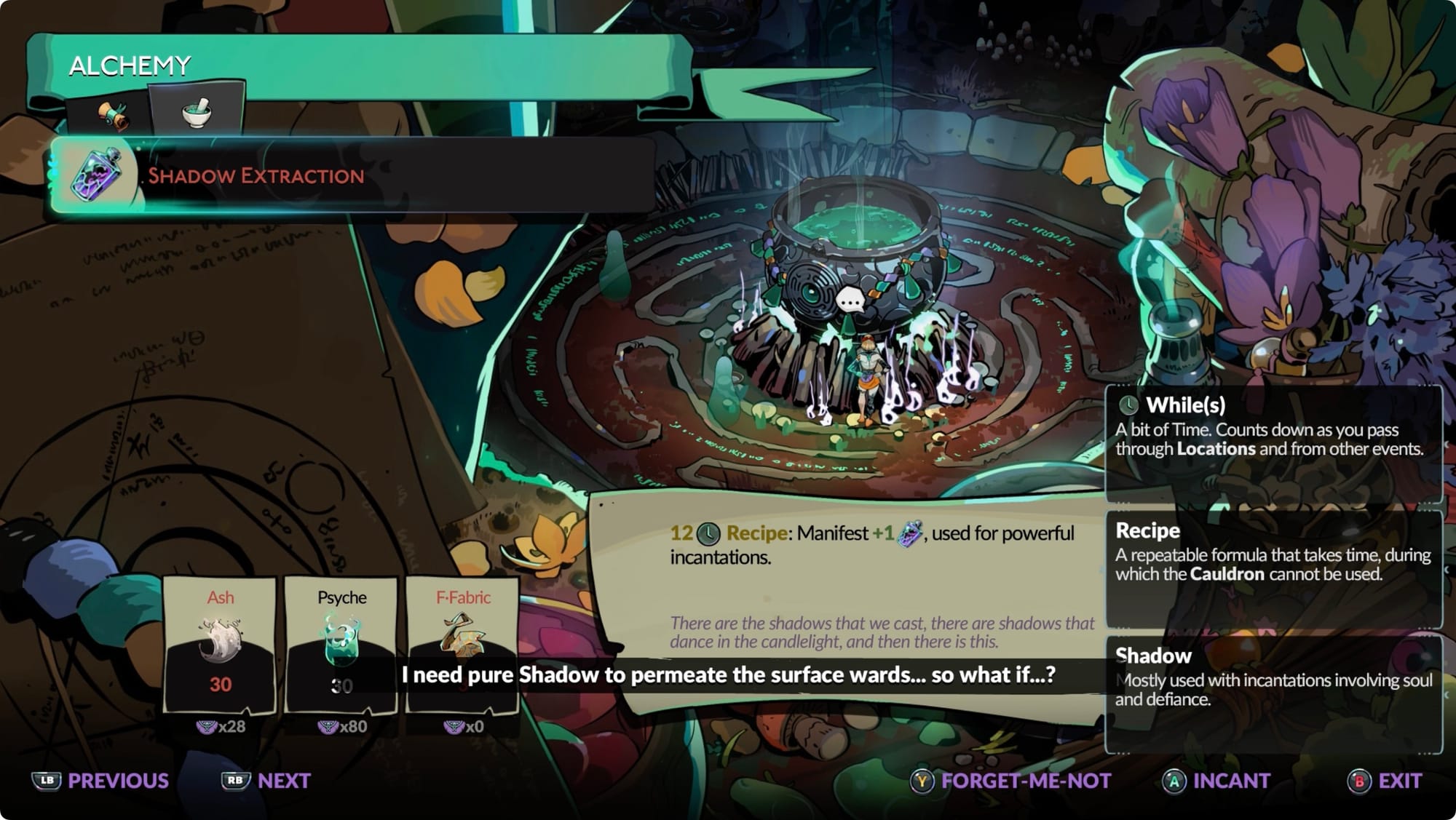The Shadow Extraction Alchemy recipe in Hades 2