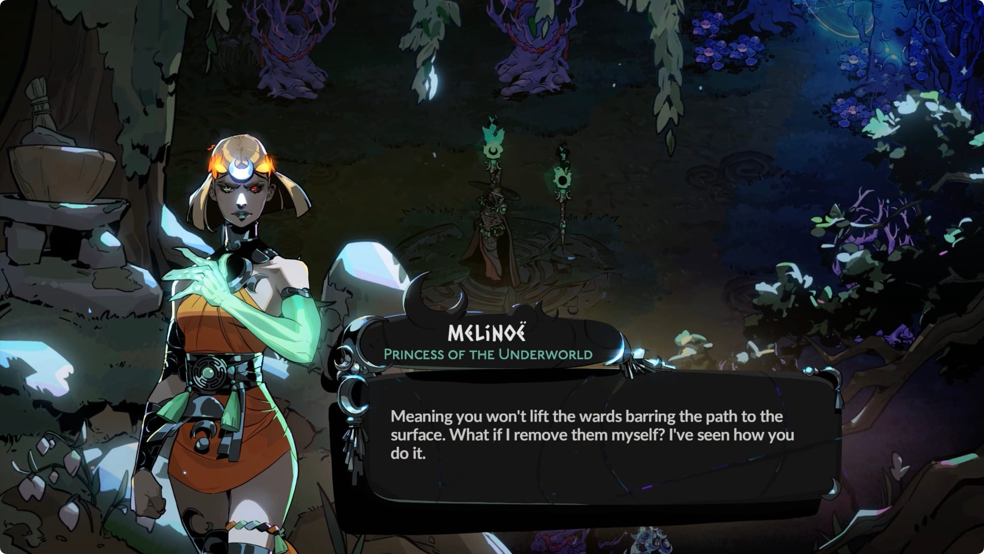 Melinoë in Hades 2 speaking to Hecate
