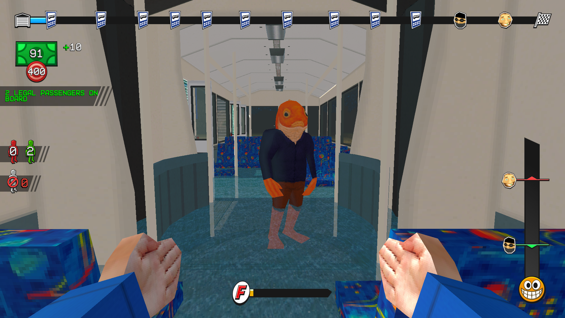 A fish man is standing on the trolley, which is half submerged in water. He's looking at the player like, 'what's up'