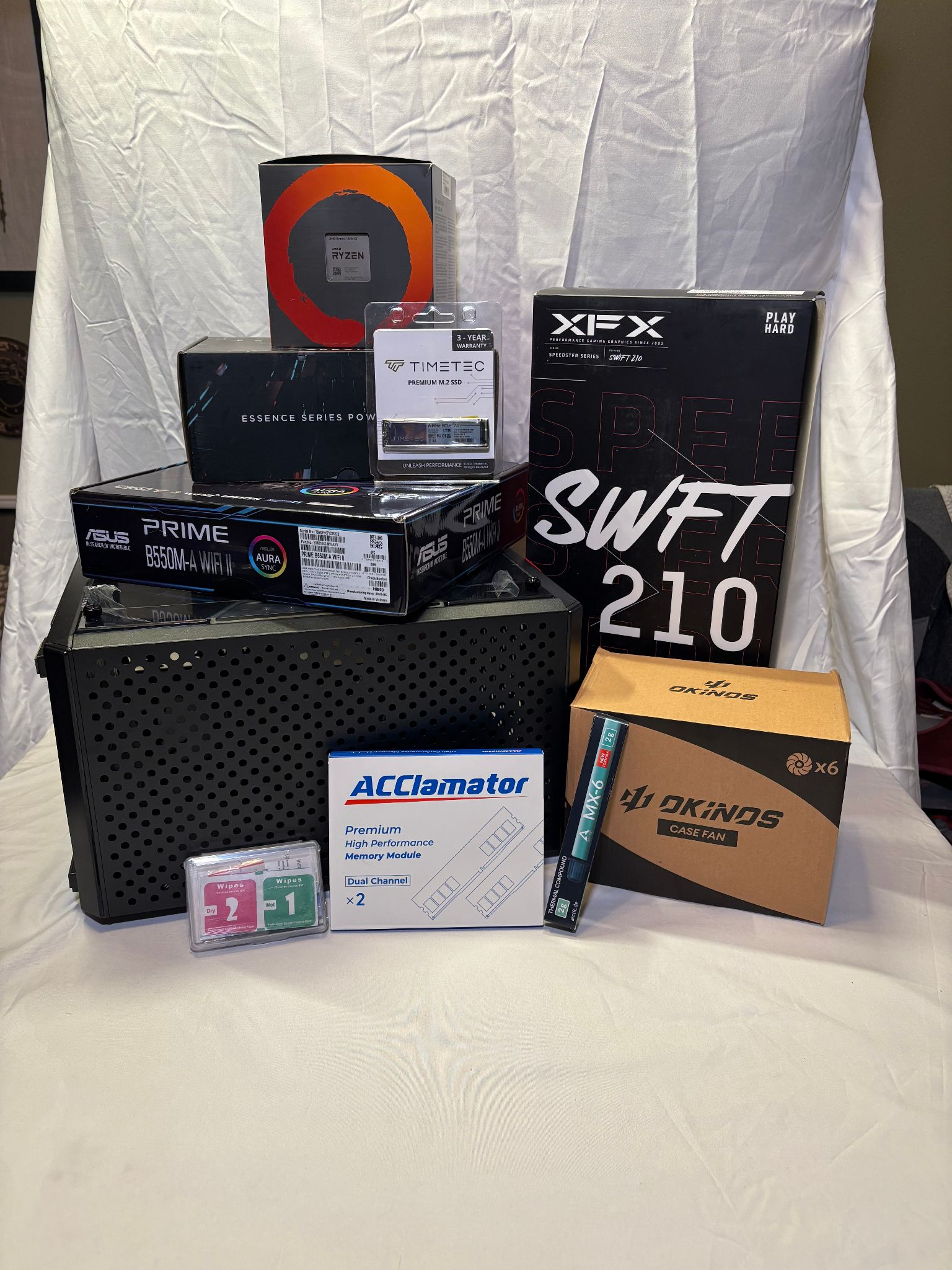 Boxes of computer parts on a table