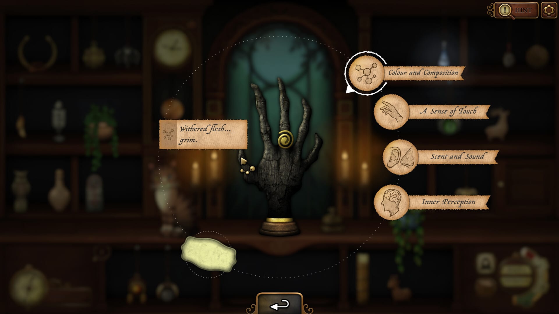 A withered hand is being inspected, with a description of its color and composition
