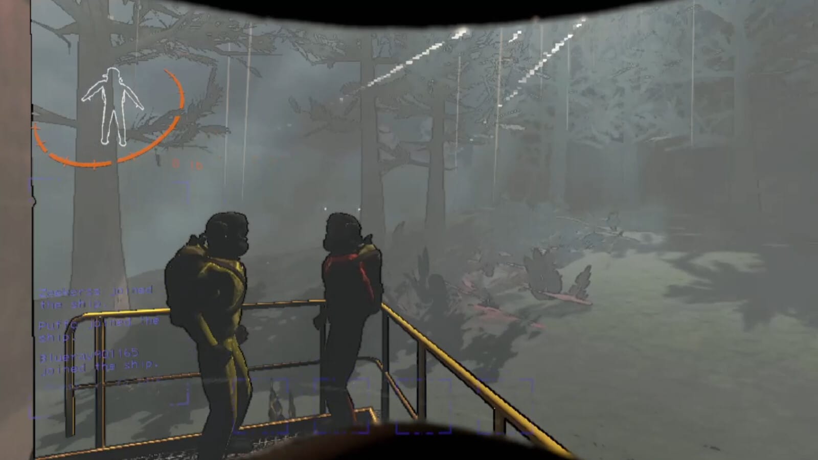 A pair of workers for the company stand on an industrial platform, looking out over a desolate world, preparing to loot a facility in Lethal Company.