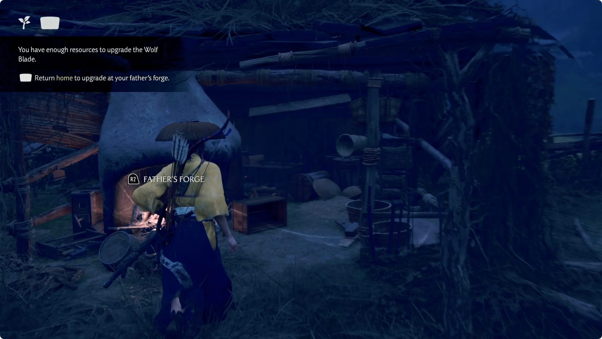 Atsu approaching her father's forge to upgrade her weapons