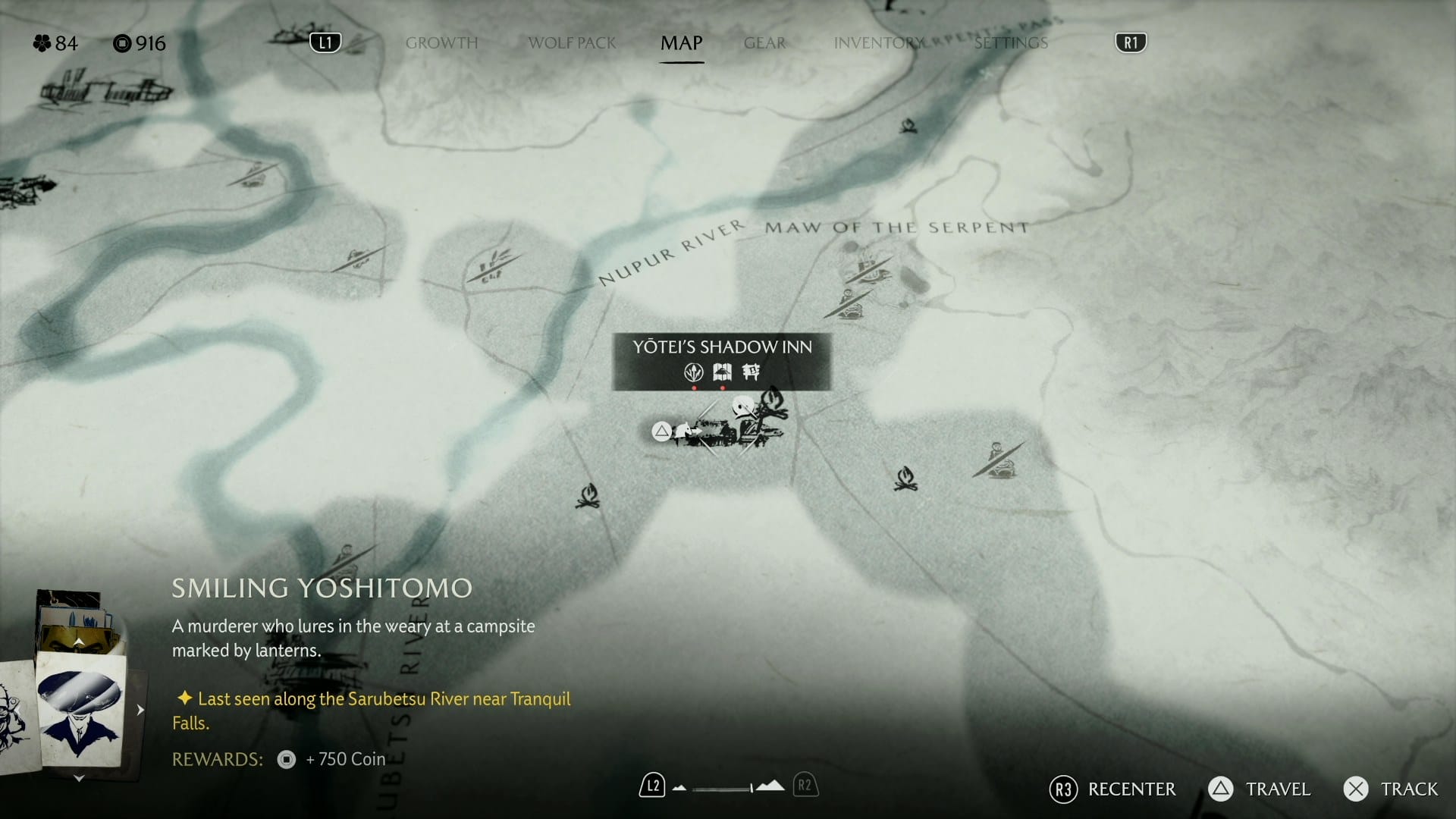 Ghost of Yotei's map with the fast travel icon