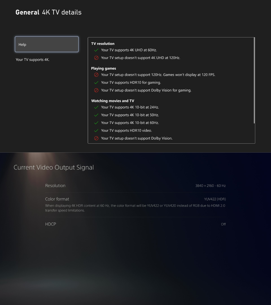 The display settings screens for Xbox (top) and PS5 (bottom)
