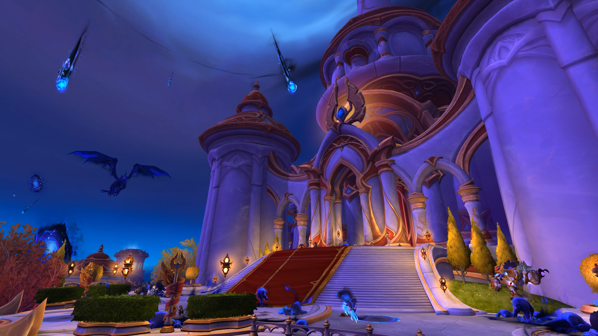 A Void invasion of Silvermoon City plays out in the World of Warcraft alpha. The sky is dark and creatures of shadow, including a dragon, are on the steps of the gleaming white elven architecture.