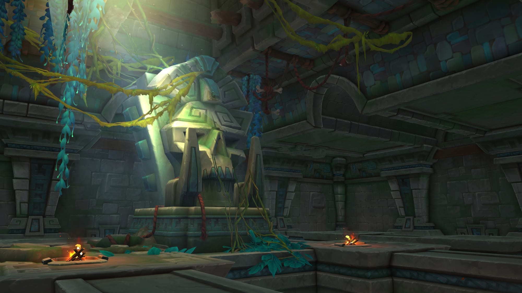 An abandoned statue to the Troll Loa in ZUl'Aman, overgrown with vines and moss in a dimly lit room.