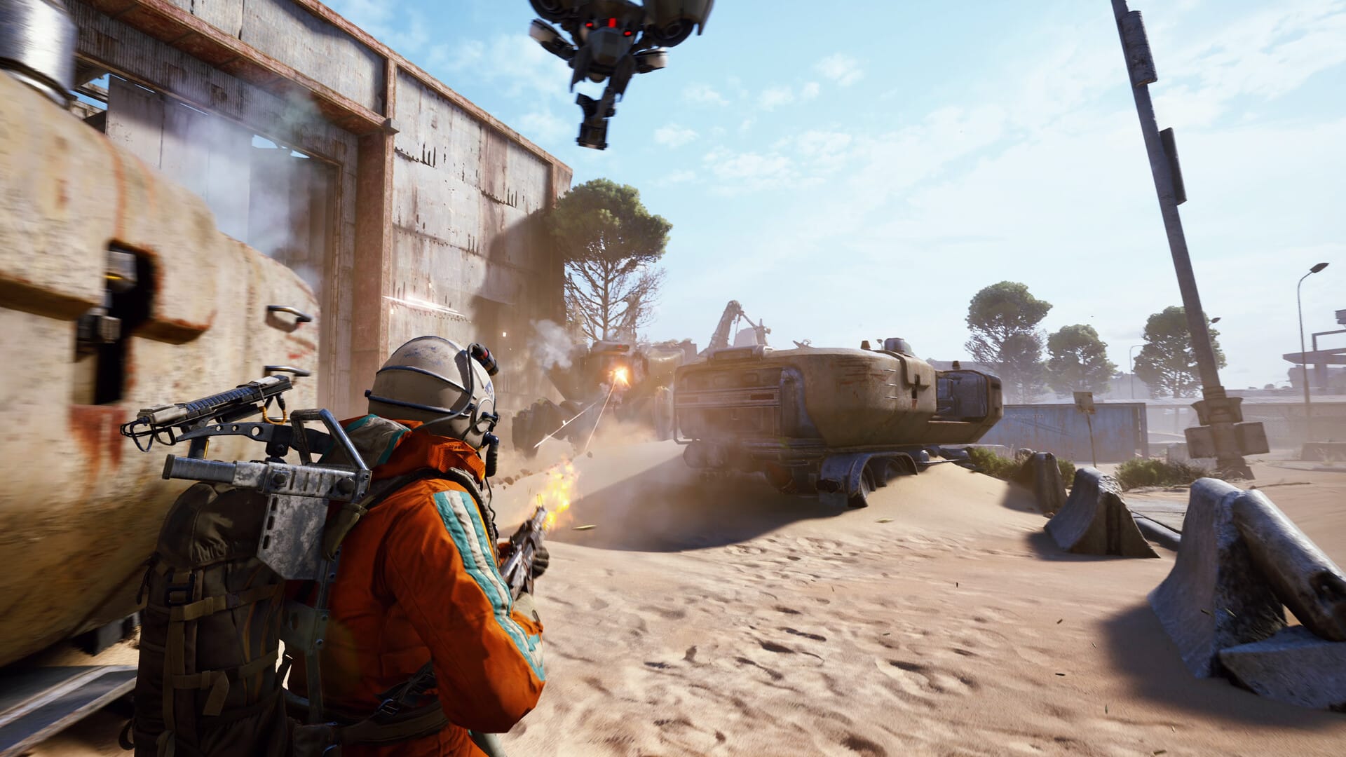 A Raider attacks a Bastion robot in ARC Raiders