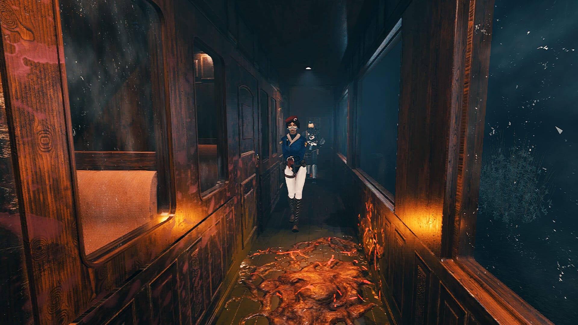 The protagonist of GroundZero jogs down a wooden hallway in Busan that has a fleshy organic growth in the center of the floor.