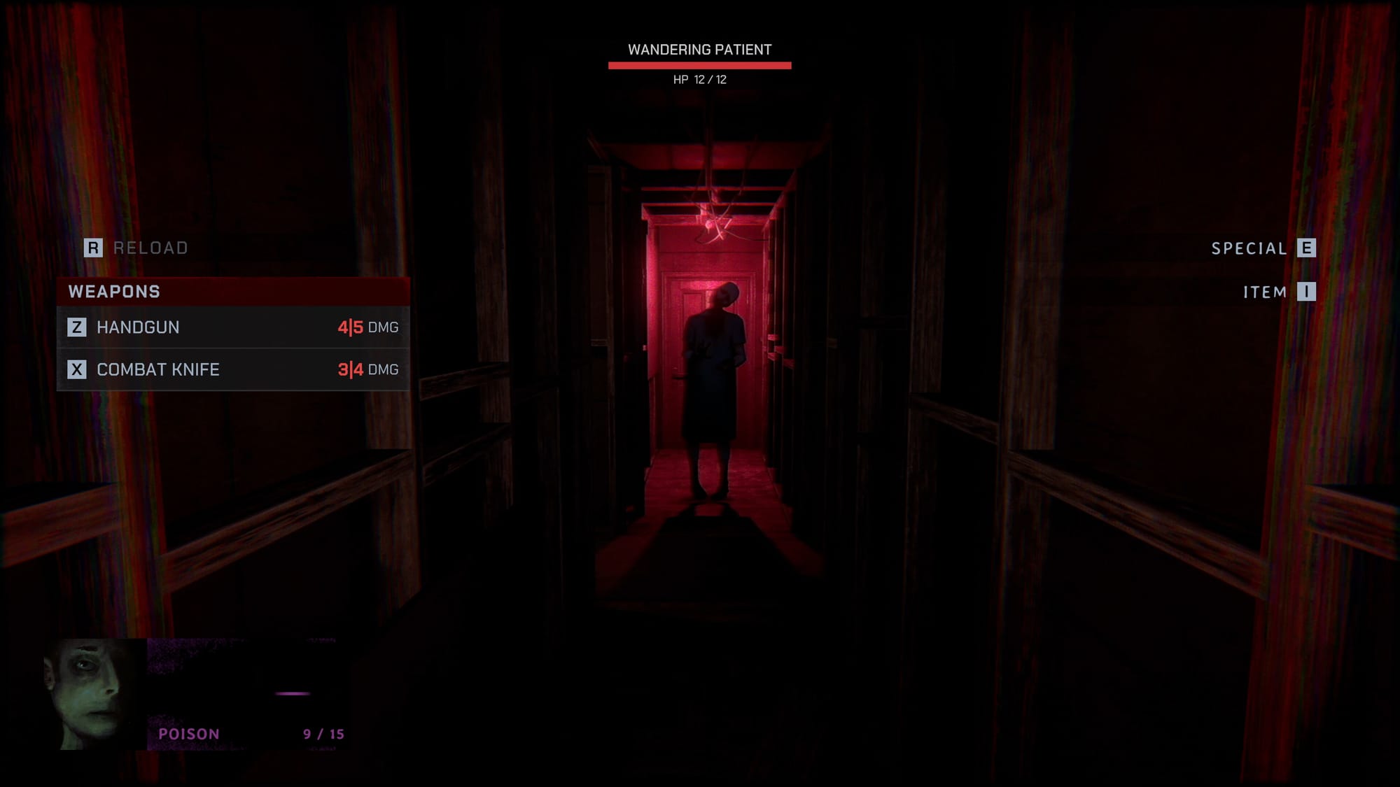 An RPG encounter set in a dark room against a "Wandering Patient", who is backlit by an eerie red light, in the game Lurks Within Walls.