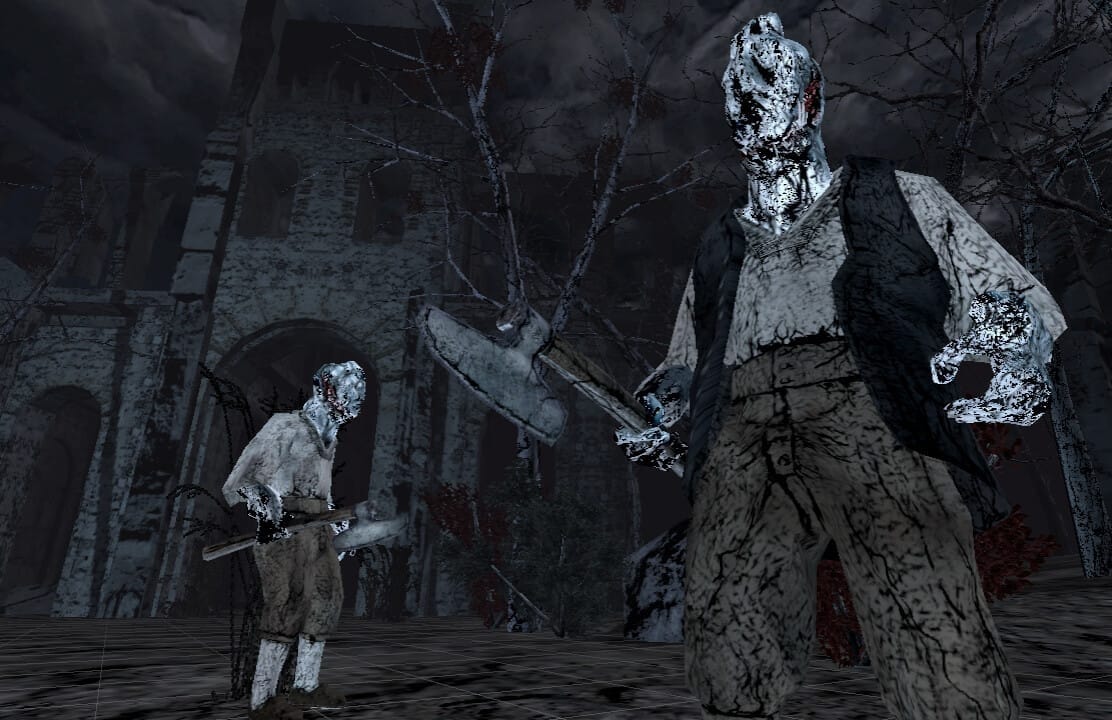 An image from No Vacation for an Executioner, showing two enemies wearing hideous masks and holding crude weapons.