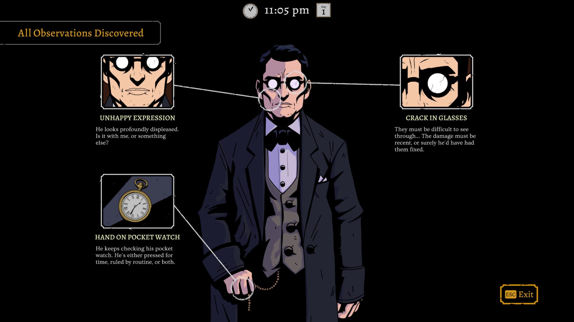 A screenshot from the Seance of Blake Manor showing the observations the protagonist has collected on their subject, a dour looking gentleman in circular glasses and a suit.