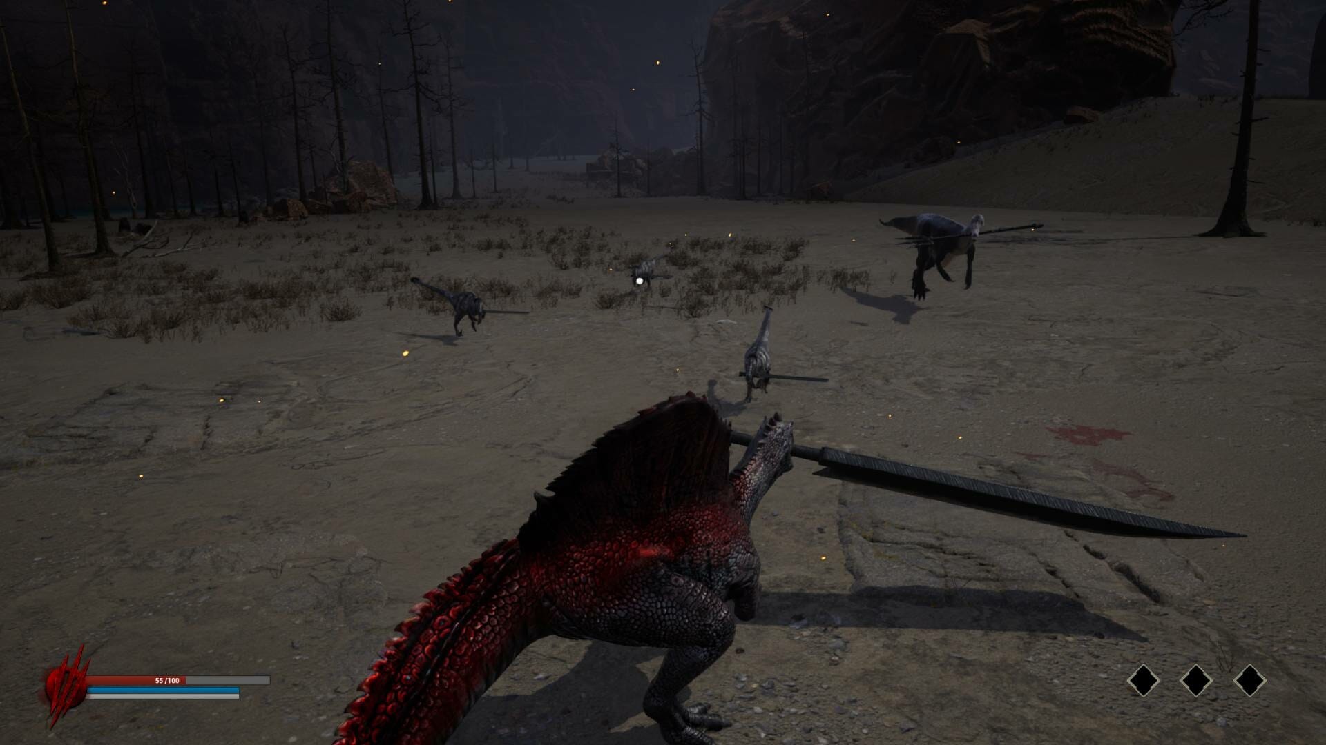 A spinosaurus with a buster sword faces off with a trio of smaller dinosaurs