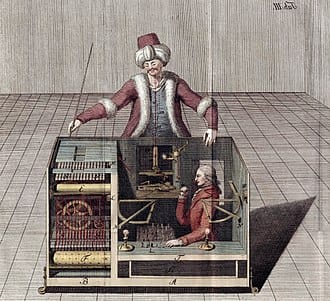 An illustration of how one artist thought the Mechanical Turk operated
