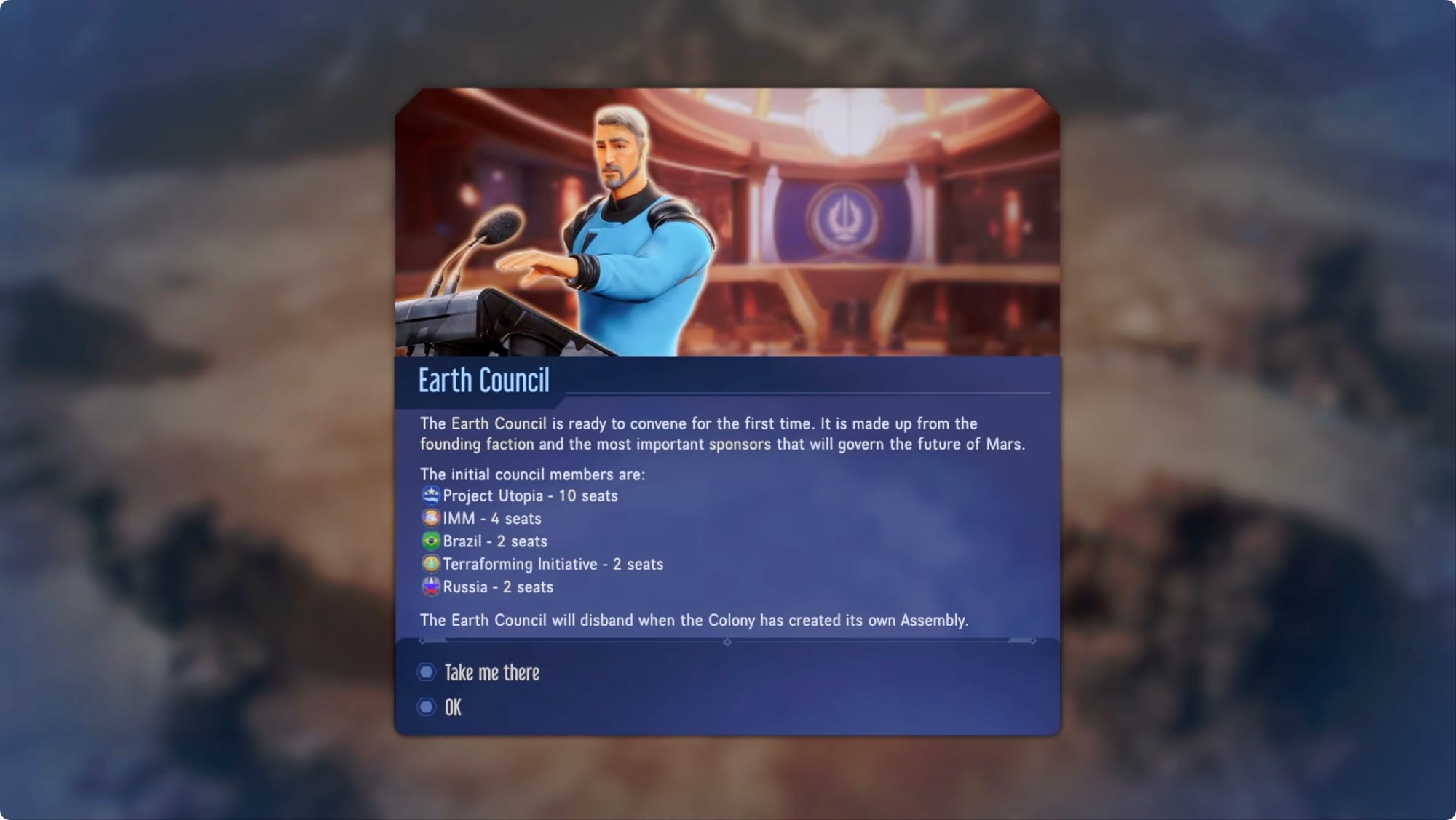 A Surviving Mars popup explaining the new political system