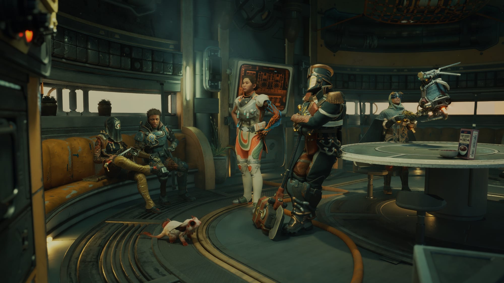 The companions of The Outer Worlds 2 sitting aboard the Incognito. From left to right: Aza, Aaron, Inez, Tristan, Marisol, and VALERIE.