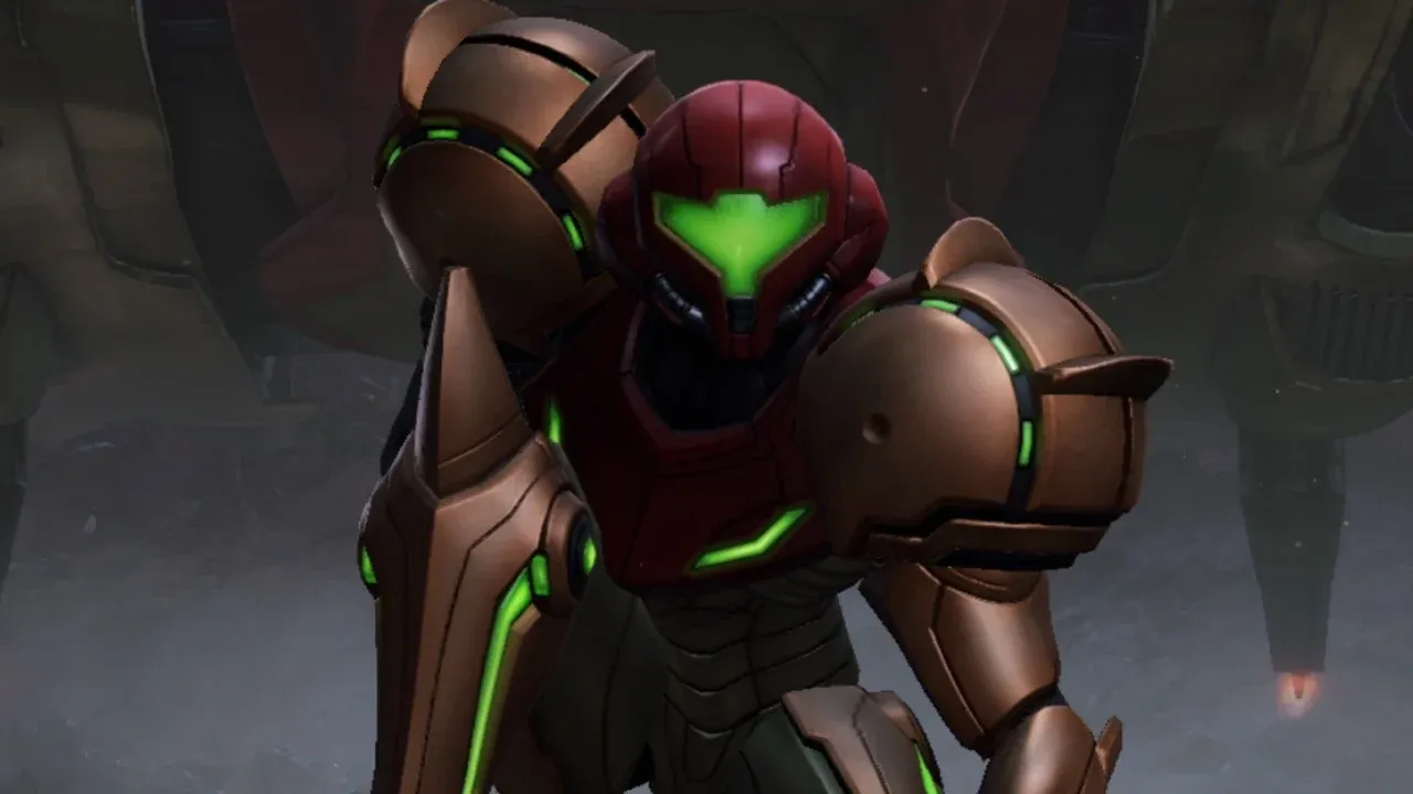 Samus lands and makes a pose in Metroid Prime 4