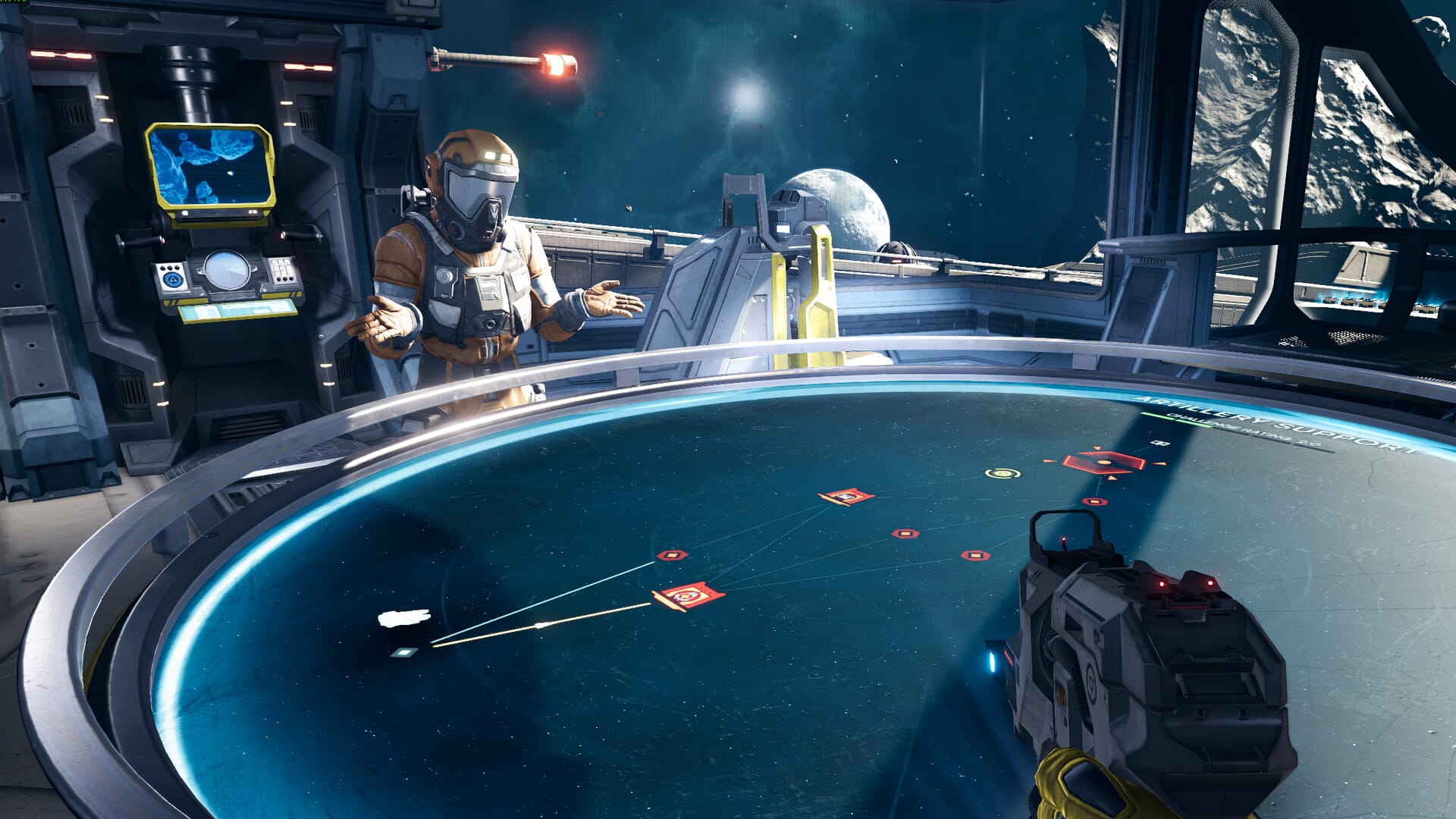A crew in Jump Space check out their space map to see what comes next on their adventure.