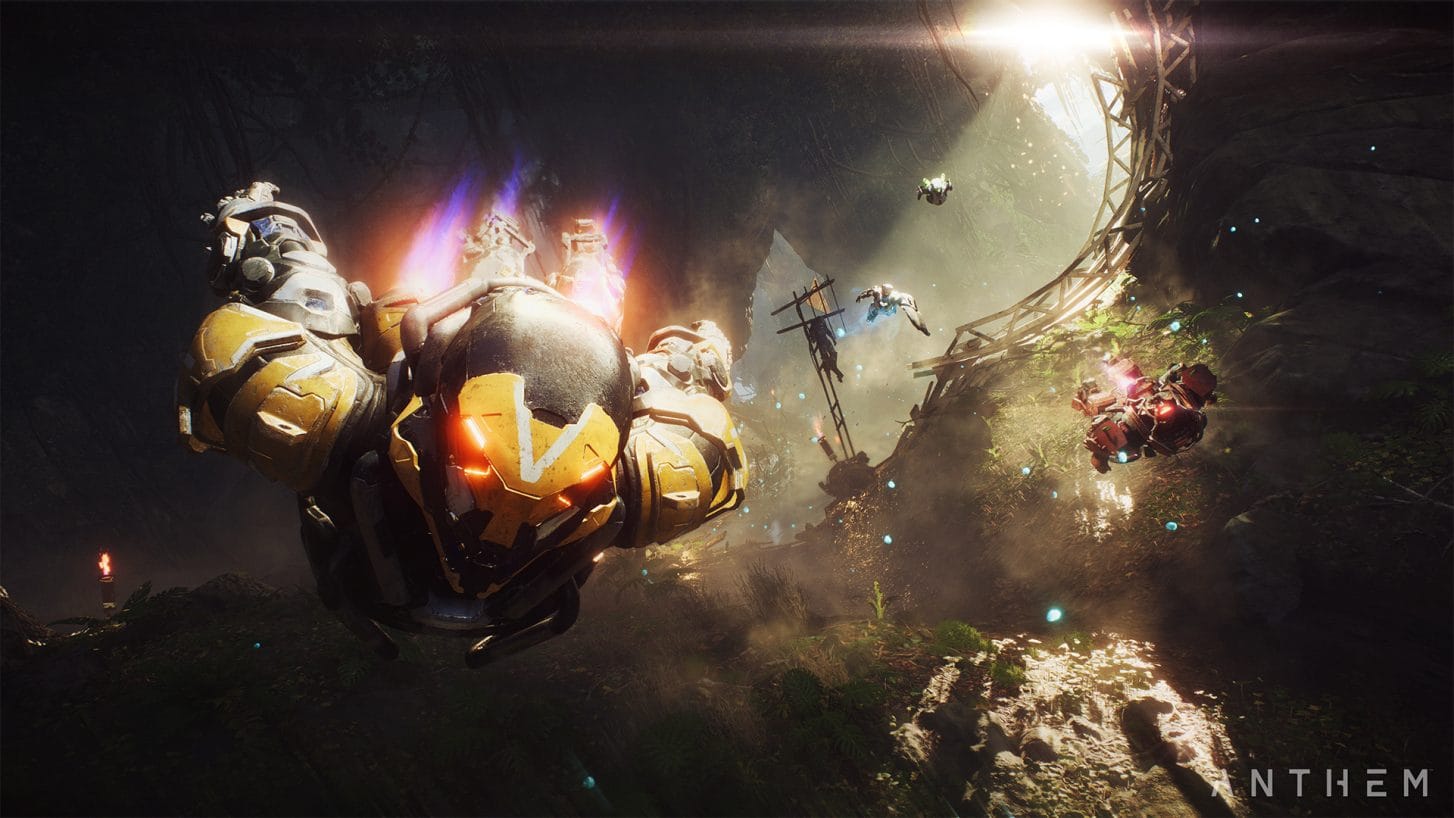A bunch of mechs fly around in Anthem