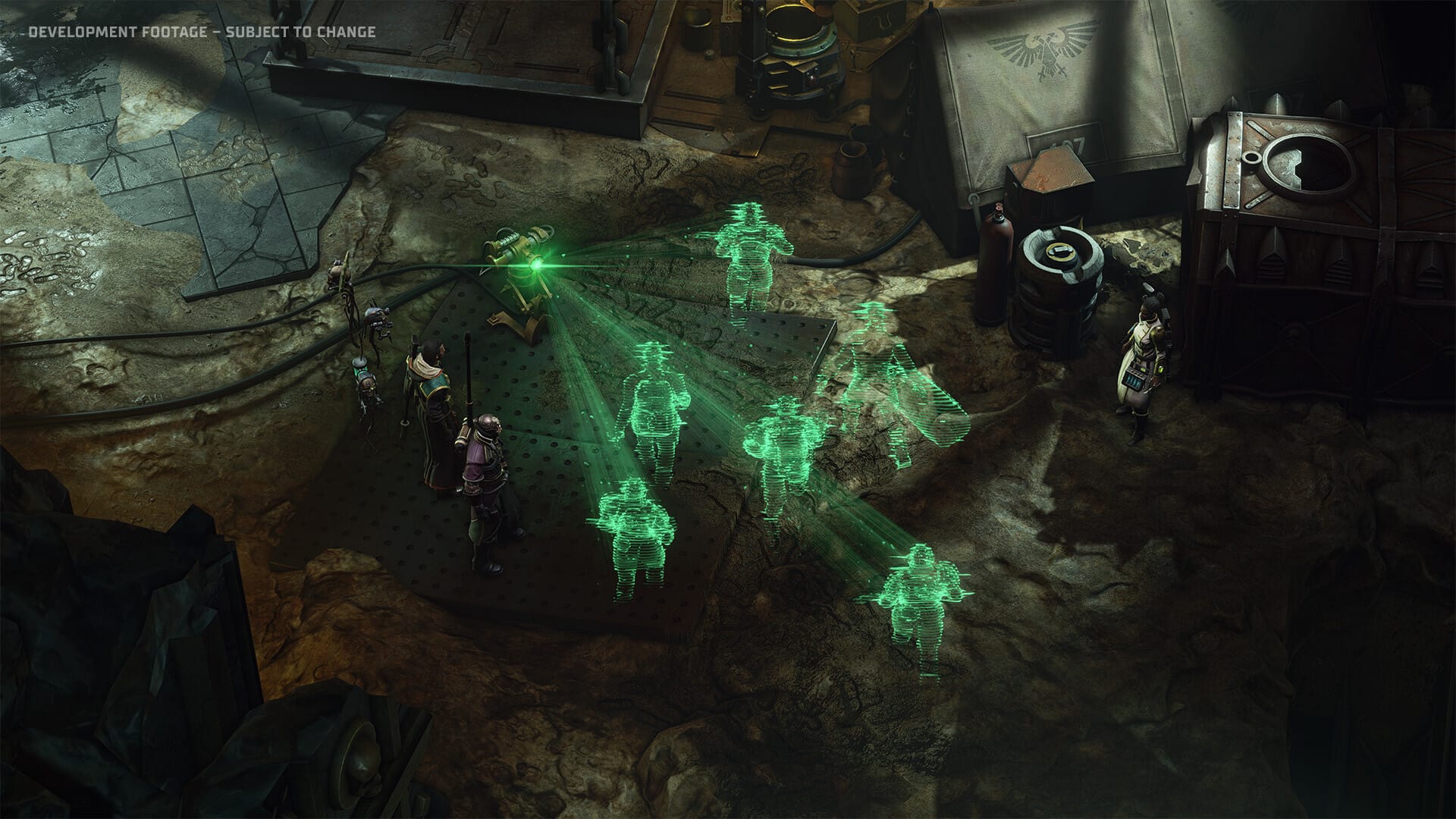 A screenshot from the early alpha of Dark Heresy, showing an Inquisitor examining the holo-projection of a scene.