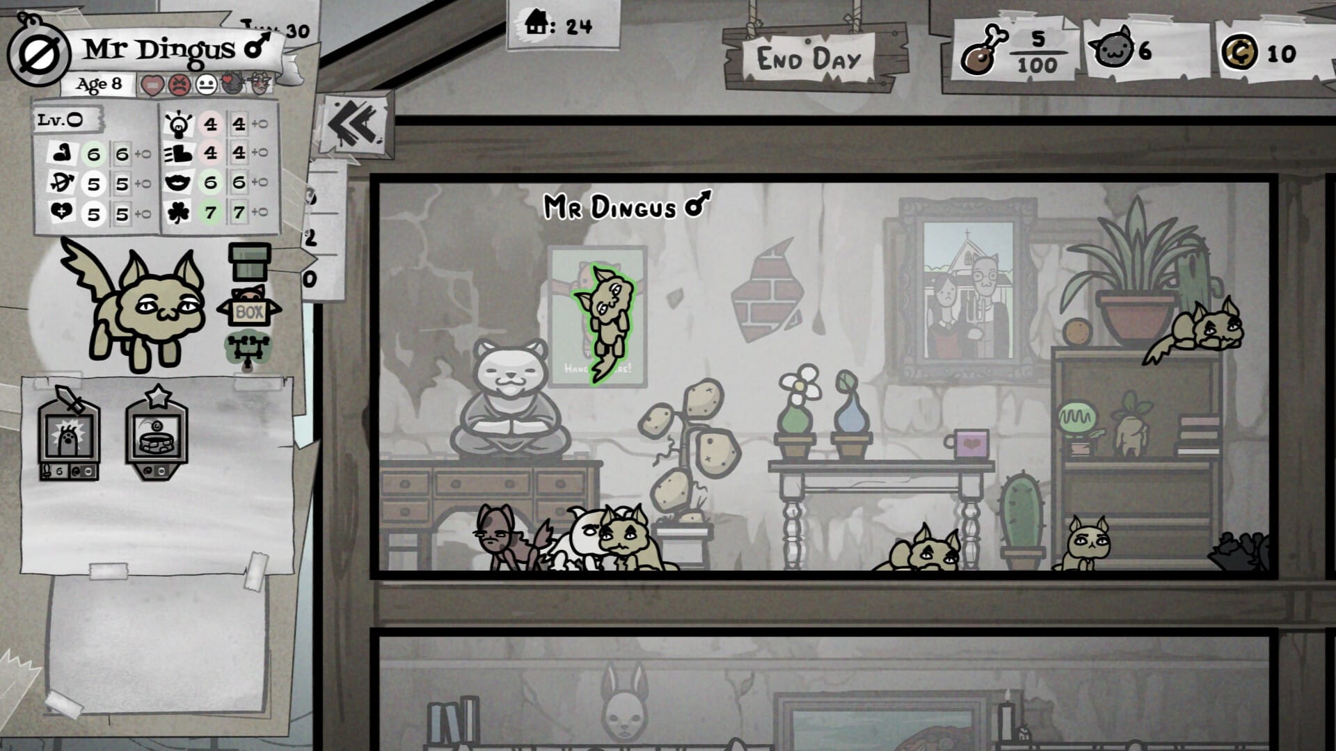 A group of cats chill out in a house in Mewgenics