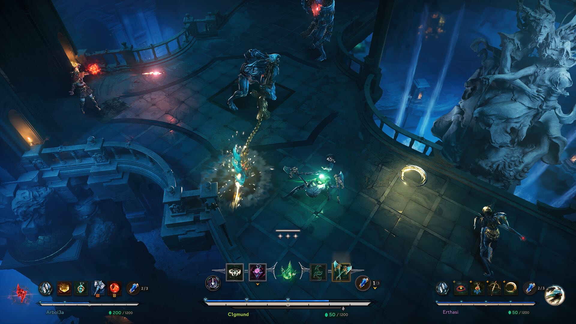 A team in Arkheron explores the grim tower of the damned, engaging in a brawl against computer-controlled enemies for a chance at more loot