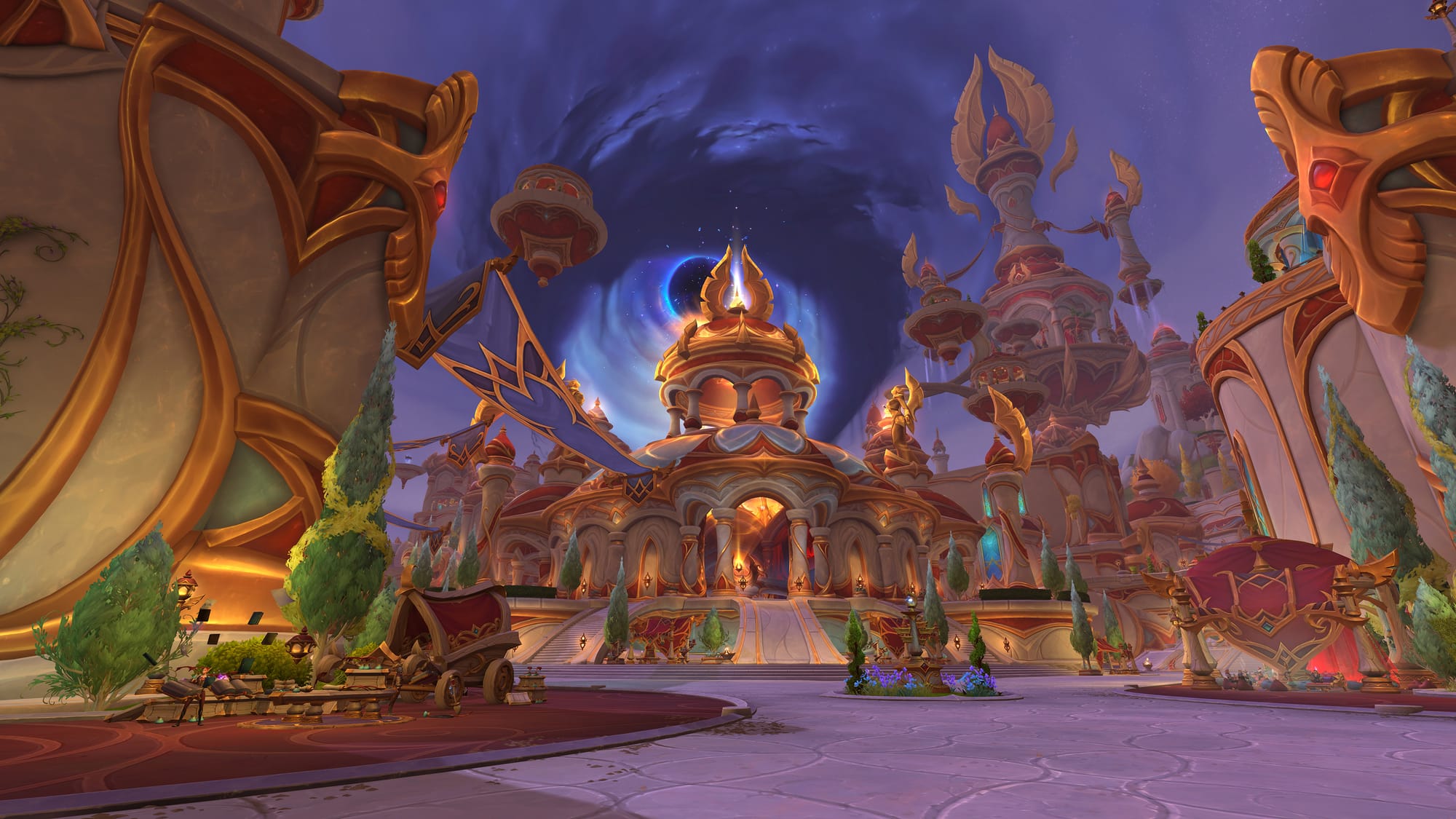 The city of Silvermoon, with a terrifying Void orb hovering over the elven architecture