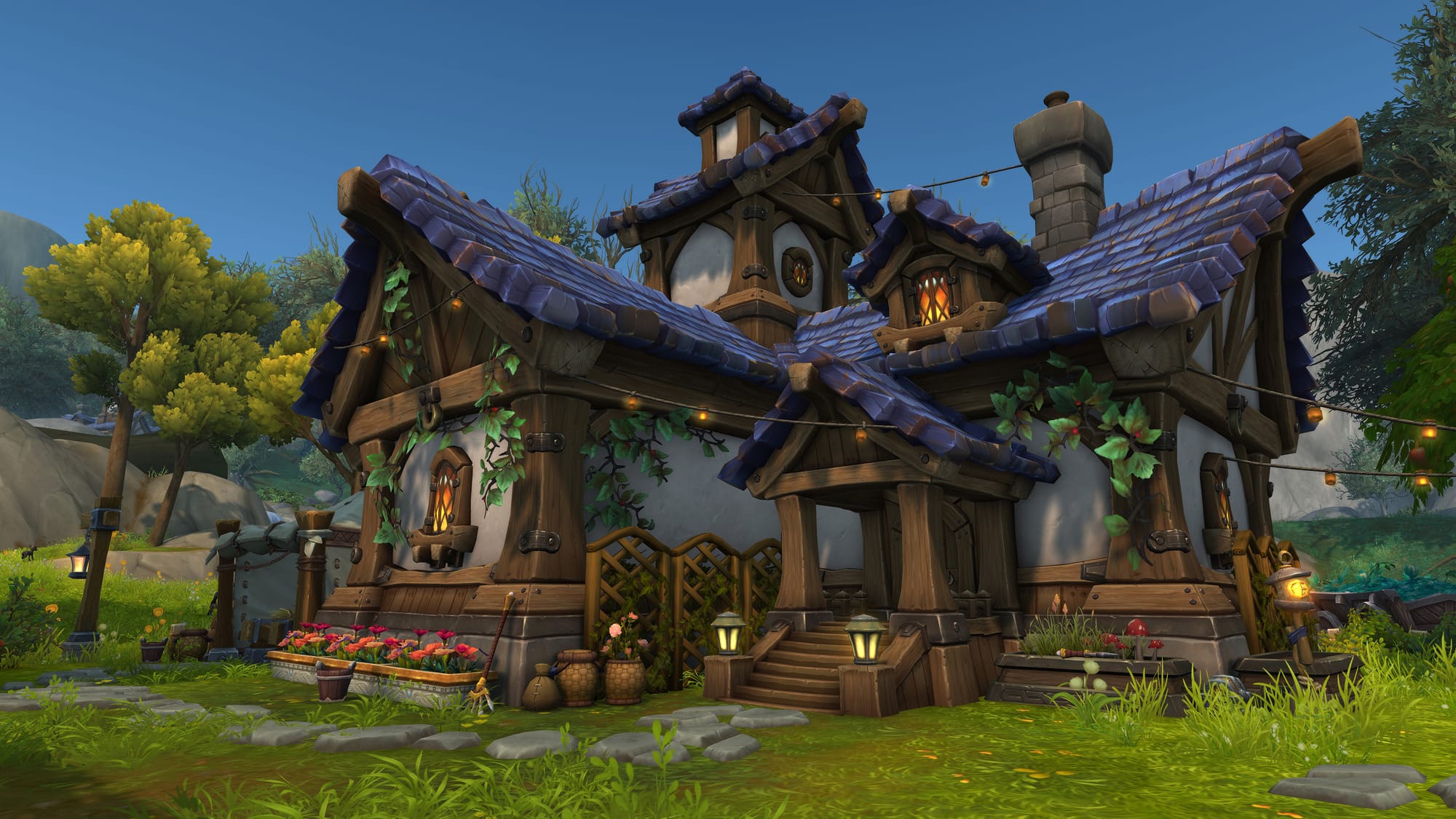 A player-customized house in World of Warcraft: Midnight, decorated with flowers, leaves, and trellises.
