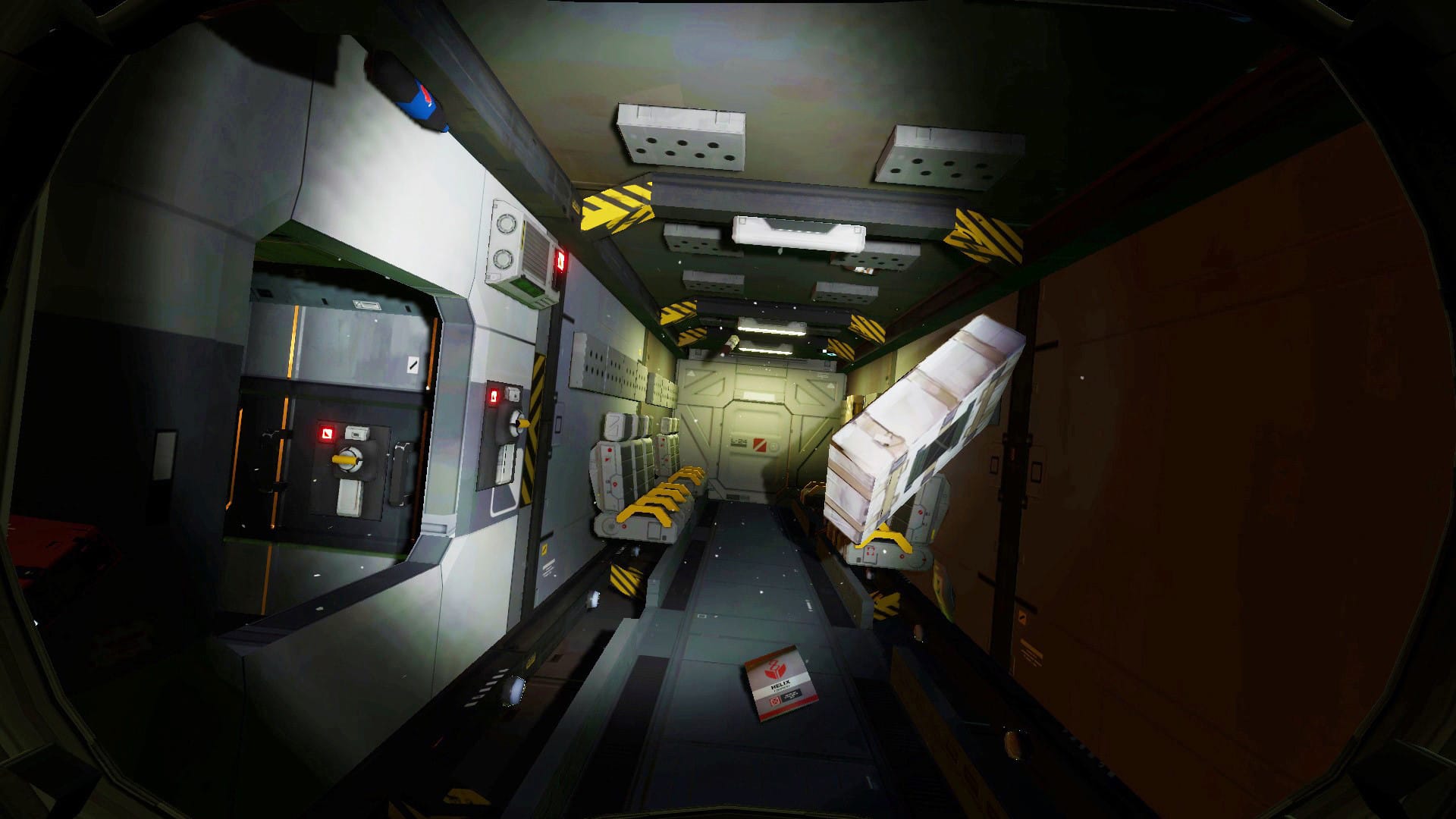 A screenshot from Hardspace Shipbreaker, where the player is exploring a narrow corridor of a decommissioned ship before breaking it down to recycle.
