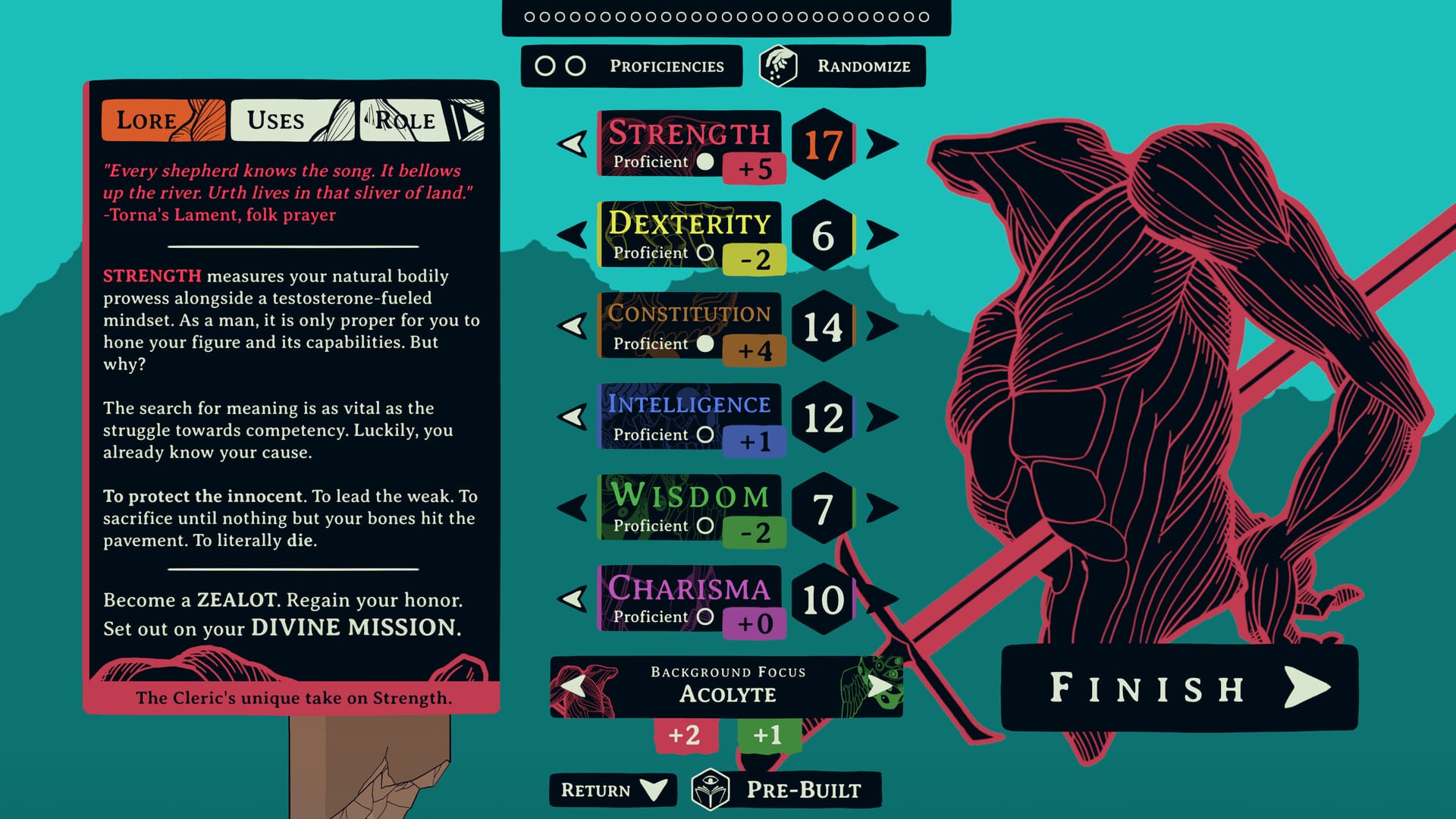 The 'strength' screen during character creation in Esoteric Ebb, showing how strength provides a drive to protect the innocent, become a zealot, and carry out a divine mission.