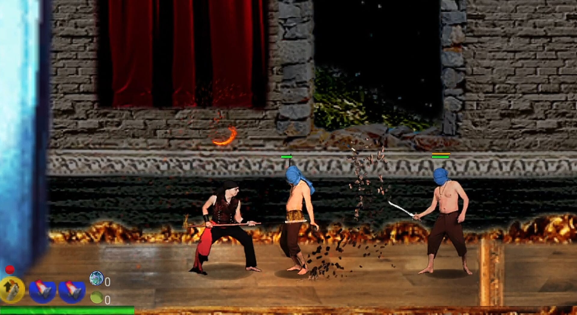 Combat in Obey the Insect God, with the protagonist battling two shirtless enemies with blue masks on their heads.