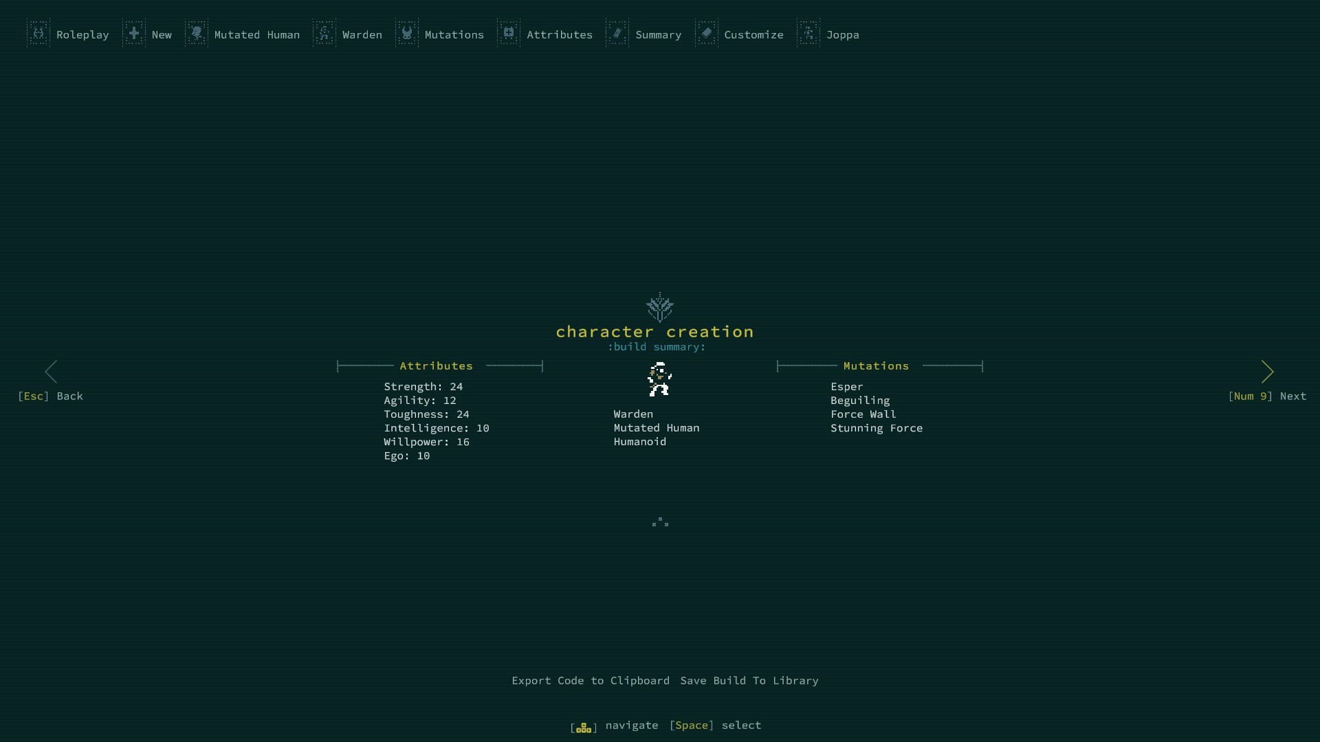 The character creation screen for Kevin, the humble Warden whom I used for my Caves of Qud playthrough