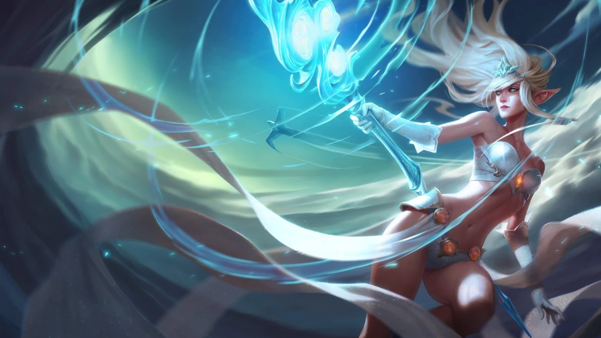 Splash art for Janna, a pale woman with elven ears, long billowing hair, and a few flowing garments that move in the wind created by her staff.