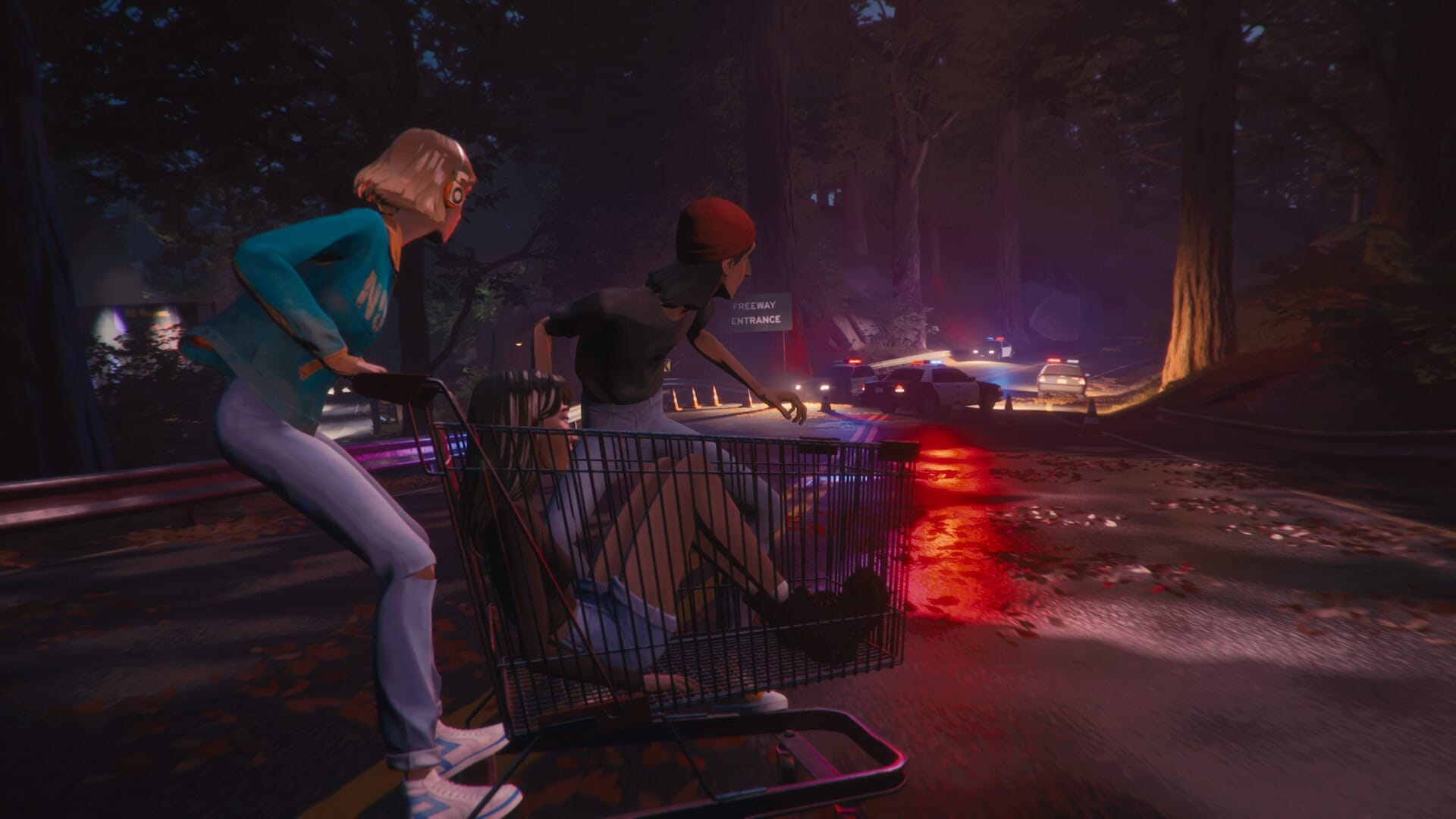 A screenshot with three teenagers in a shopping cart looking at police
