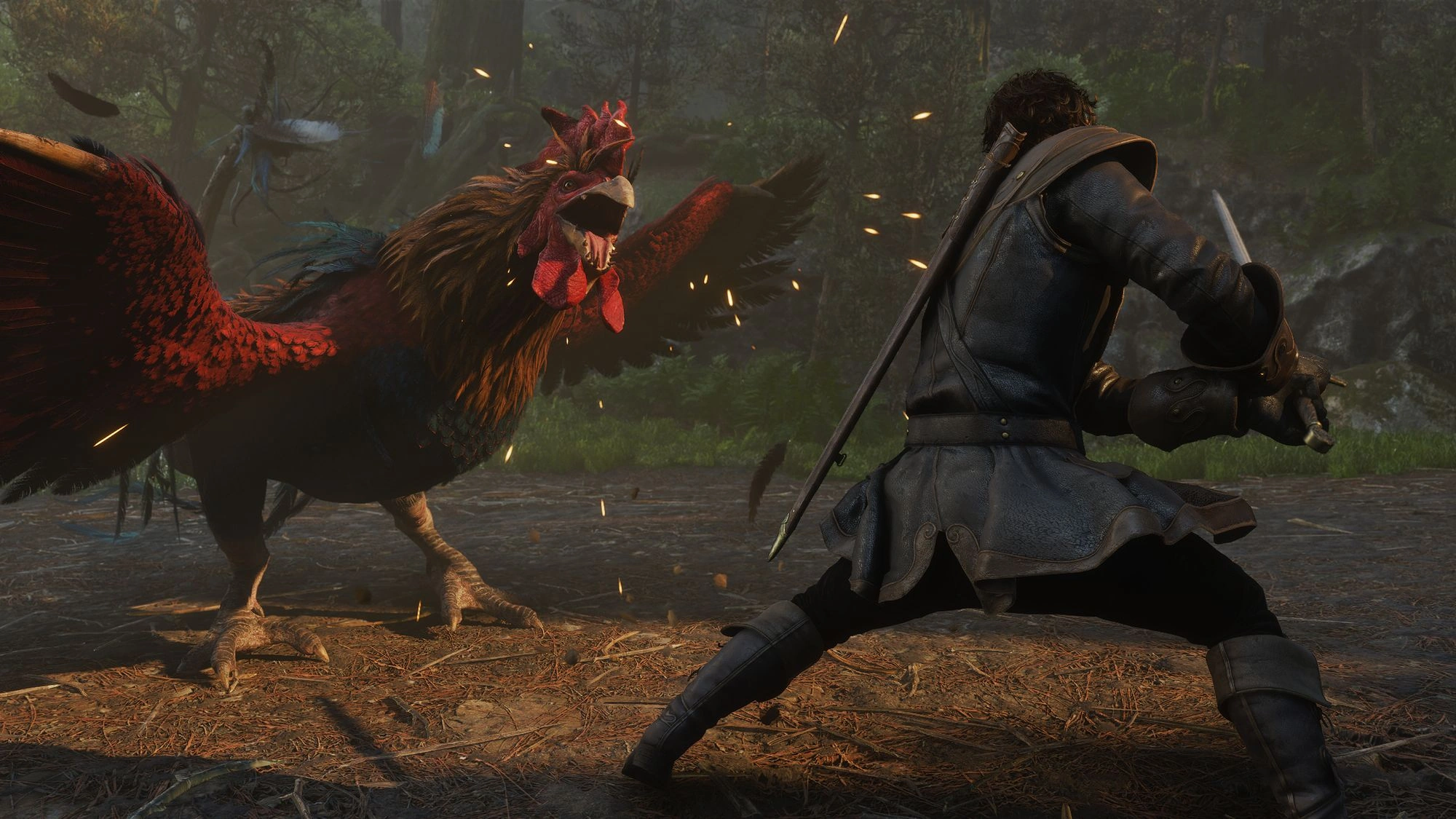 A screenshot of Fable with a man fighting a giant chicken