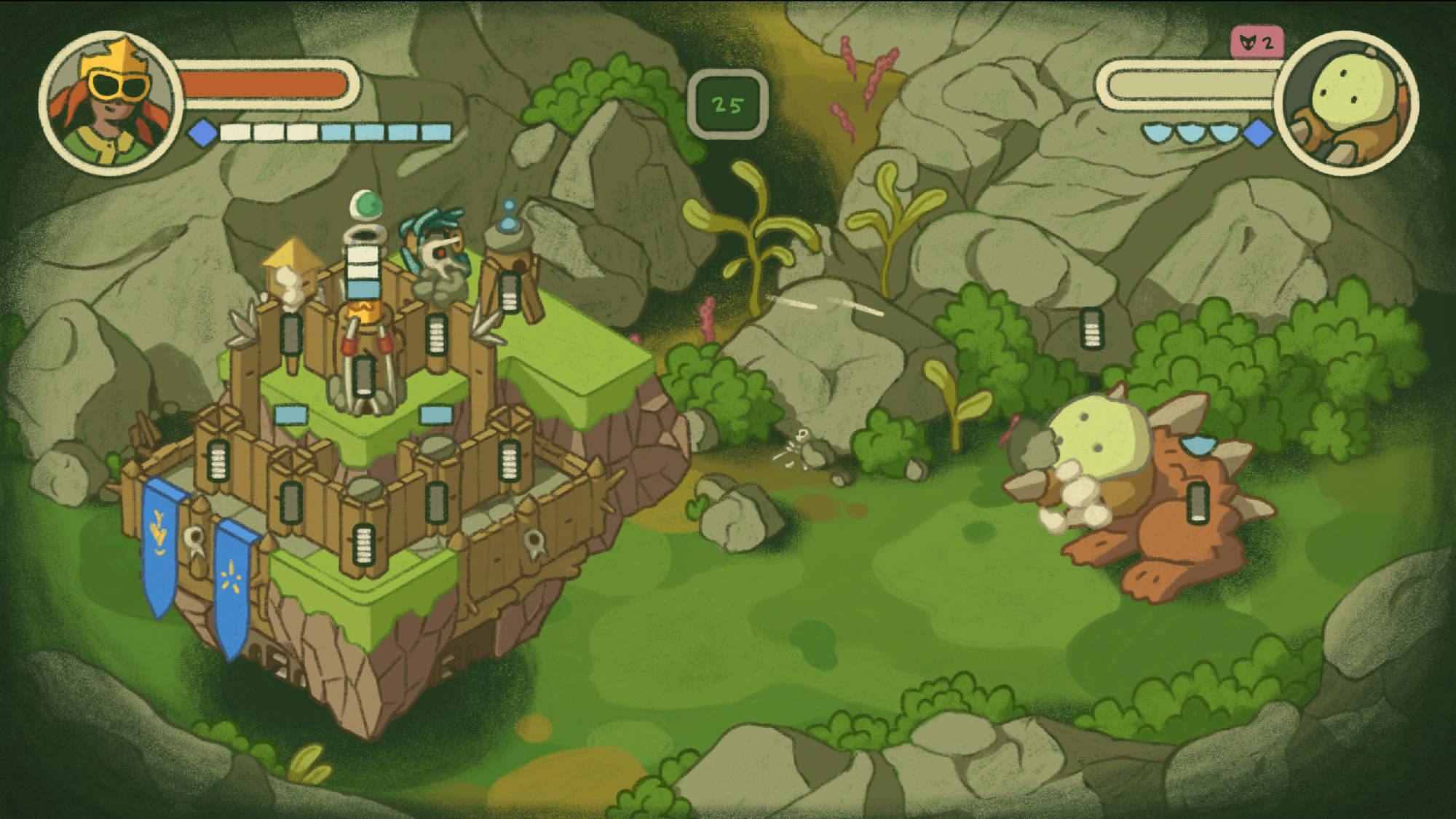 A combat scene in Castle Away, showing a castle fighting a dinosaur.