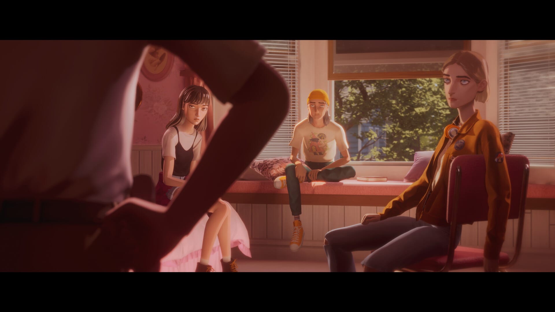 A screenshot of three teenagers in a room being spoken to by a parent