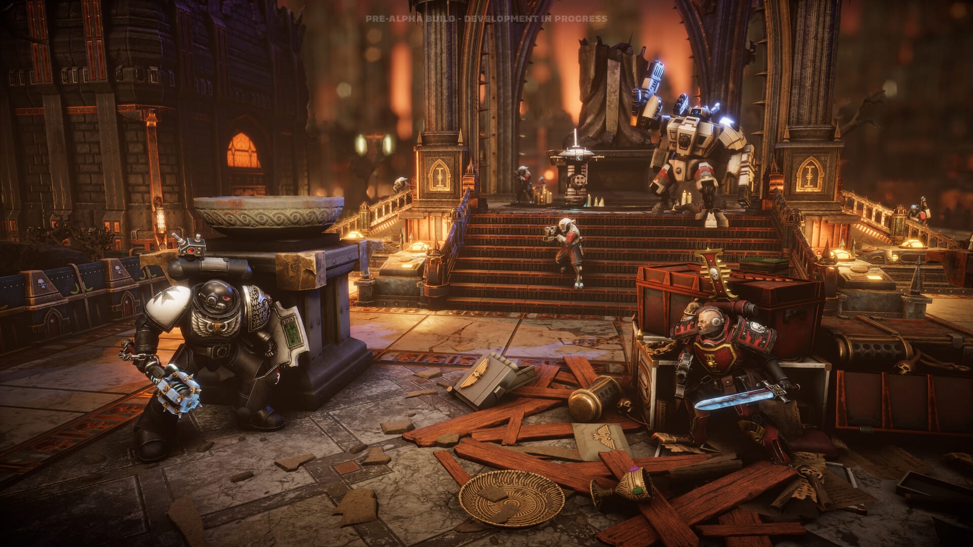 Space Marines and Inquisitors prepare for battle against the T'au in a screenshot from Chaos Gate: Deathwatch
