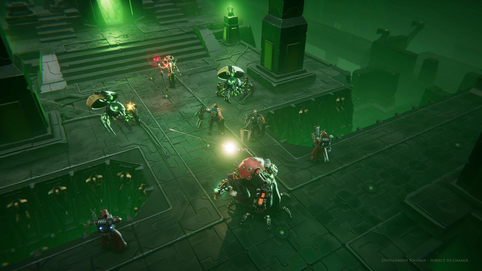 Members of the Adeptus Mechanicus battle Necrons in the ruins of a Tomb Worldin a screenshot from Mechanicus 2