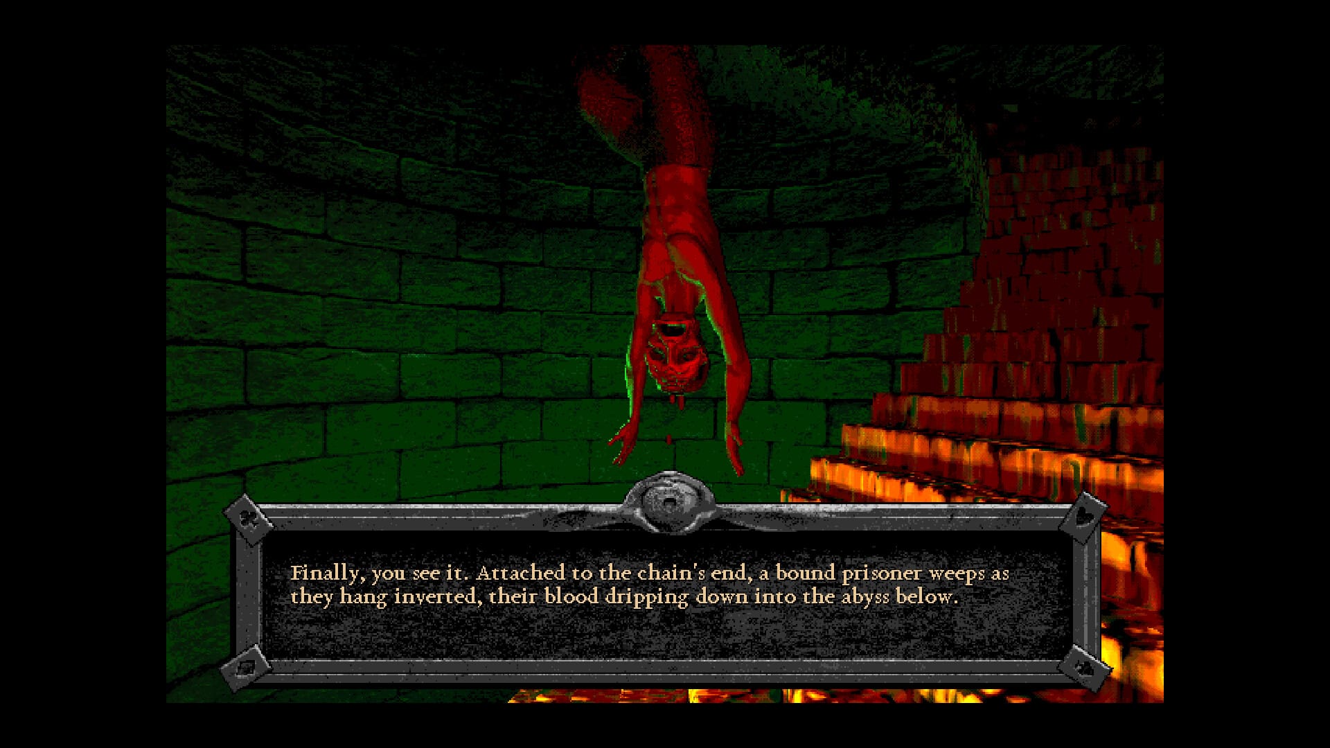 A low-res corpse hangs from a chain in the dungeon of Forbidden Solitaire. The text reads, "Finally, you see it. Attached to the chain's end, a bound prisoner weeps as they hang lowered, their blood dripping down into the abyss below."