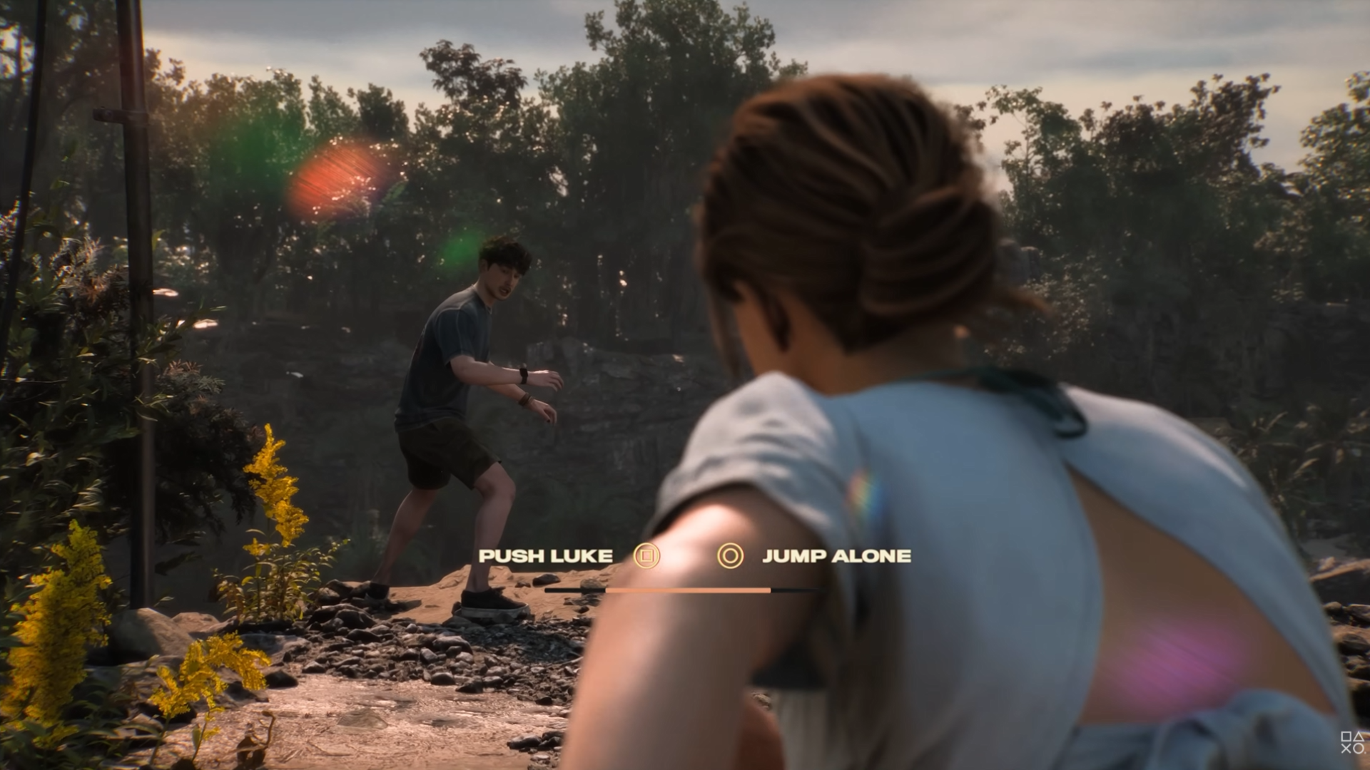 While a duo of characters flee a machete killer and find themselves on the edge of a cliff, the player can choose whether to "Push Luke" or "Jump Alone"