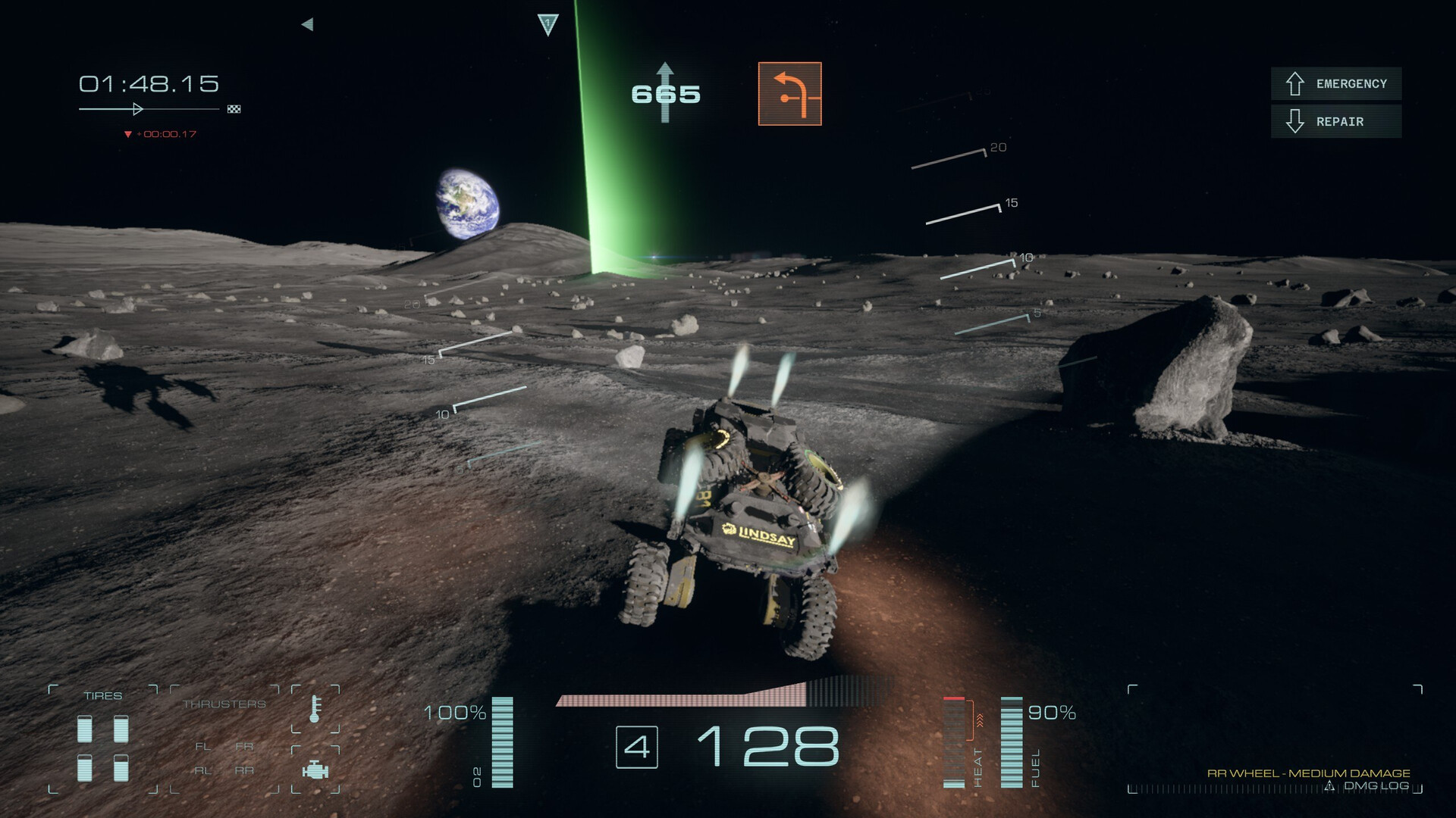Screenshot of a buggy racing on the Moon with the Earth in the background