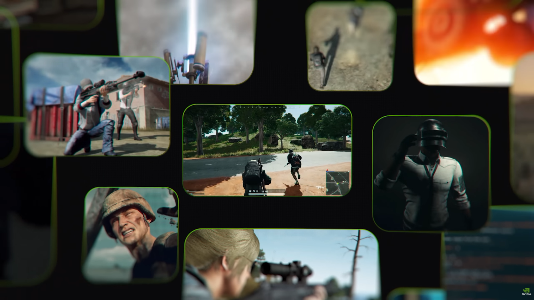 A collection of screenshots and concept art from PUBG showing players shooting guns and locations from the maps