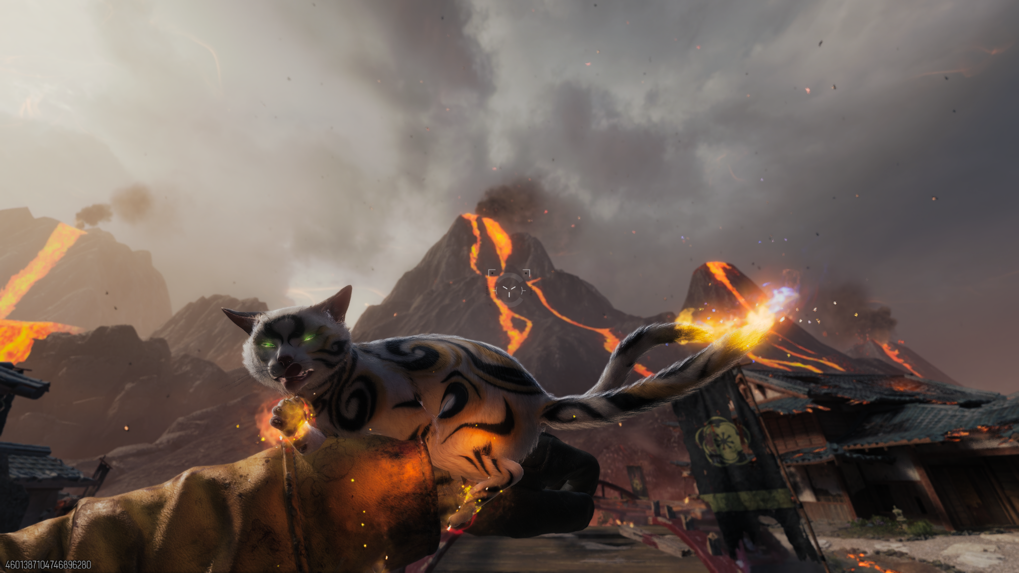 A screenshot of the zombies map showing the cat wonderweapon in front of a volcano