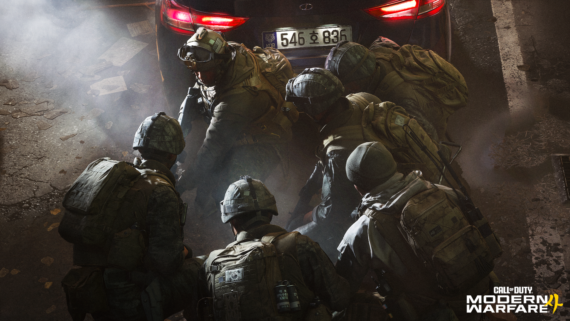 A screenshot from Modern Warfare 4, showing soldiers taking cover behind a car