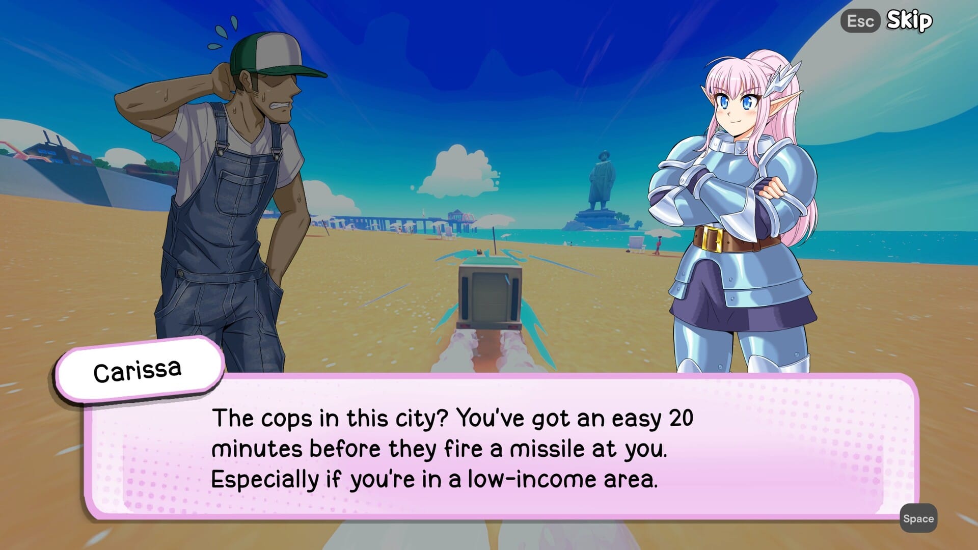 A screenshot from Truck-kun is Supporting Me From Another World?! The fantasy Carissa is explaining why it's okay to hit civilians with a truck, saying "The cops in this city? You've got an easy 20 minutes before they fire a missile at you. Especially if you're in a low-income area."