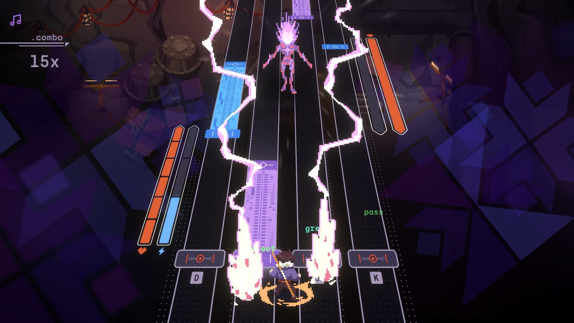 A sequence of rhythm combat from Nocturne, this time against a glowing being of volatile energies.